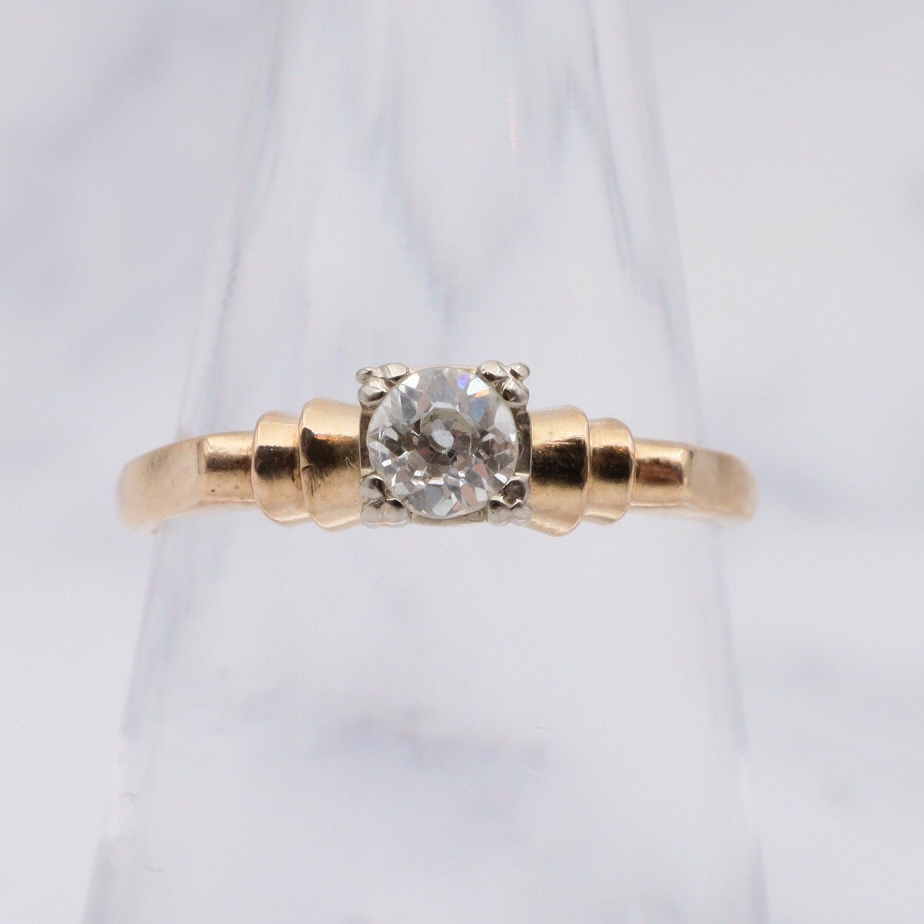 Antique Deco 14K Gold Old European Cut Solitaire Diamond Ring - Size 6