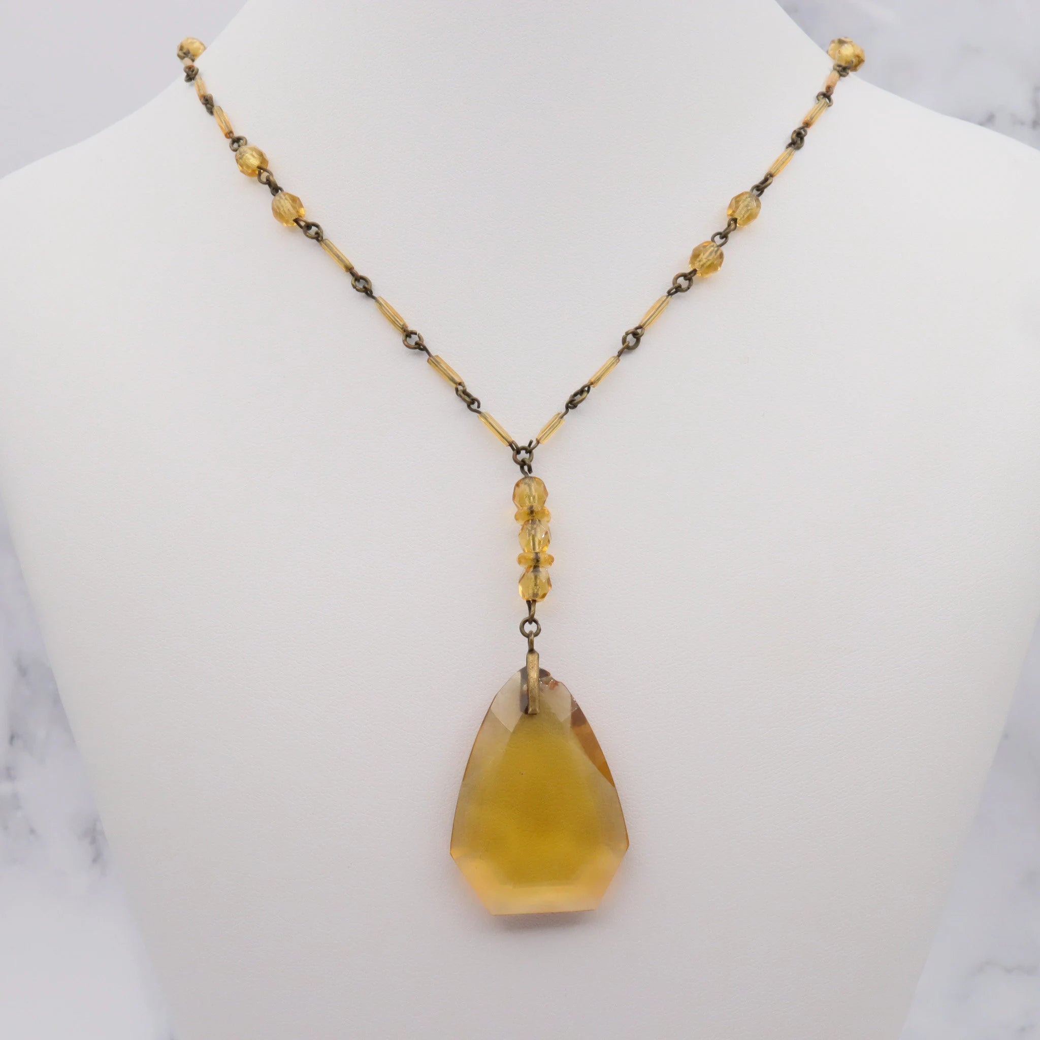 Antique deco Czech glass & brass drop pendant necklace