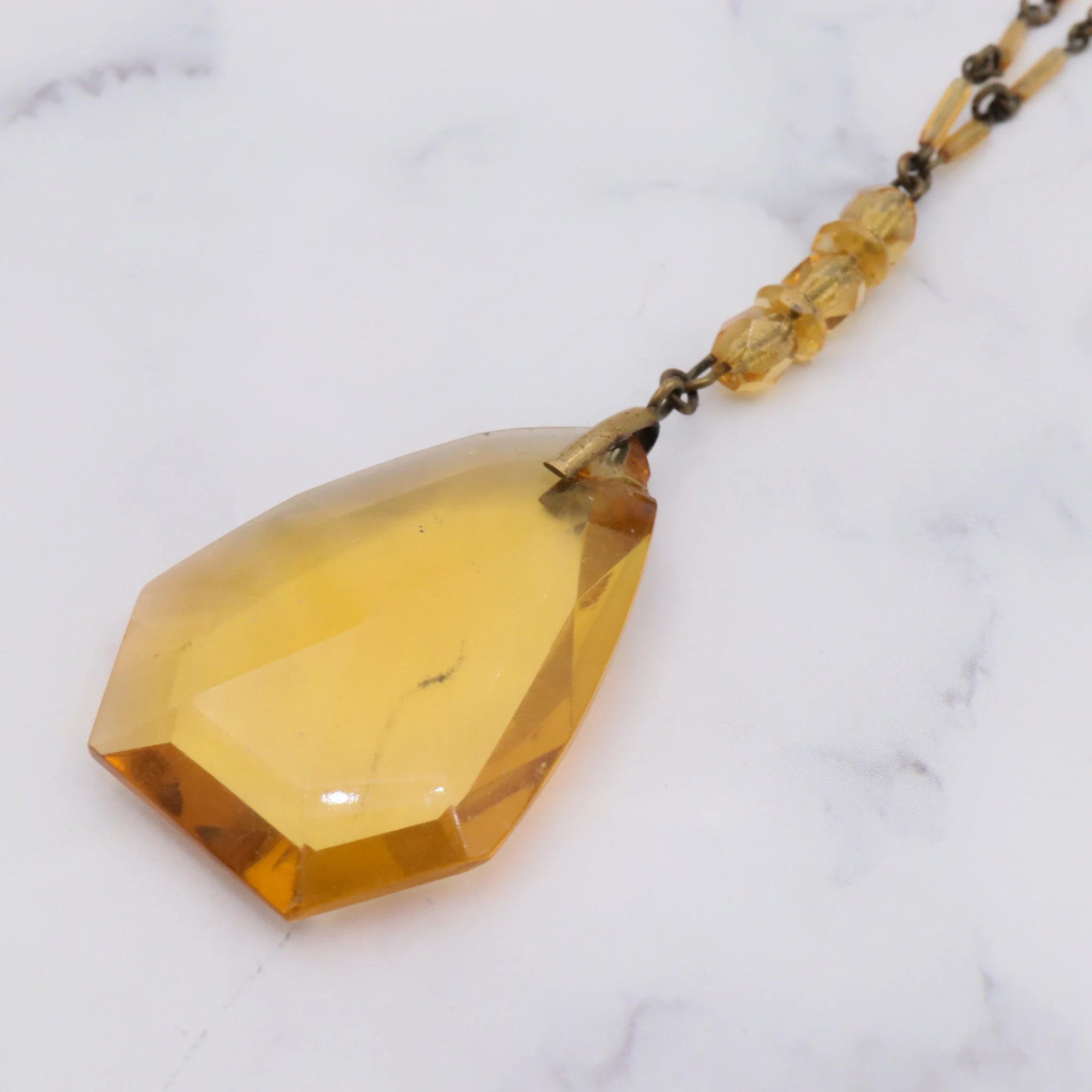 Antique deco Czech glass & brass drop pendant necklace