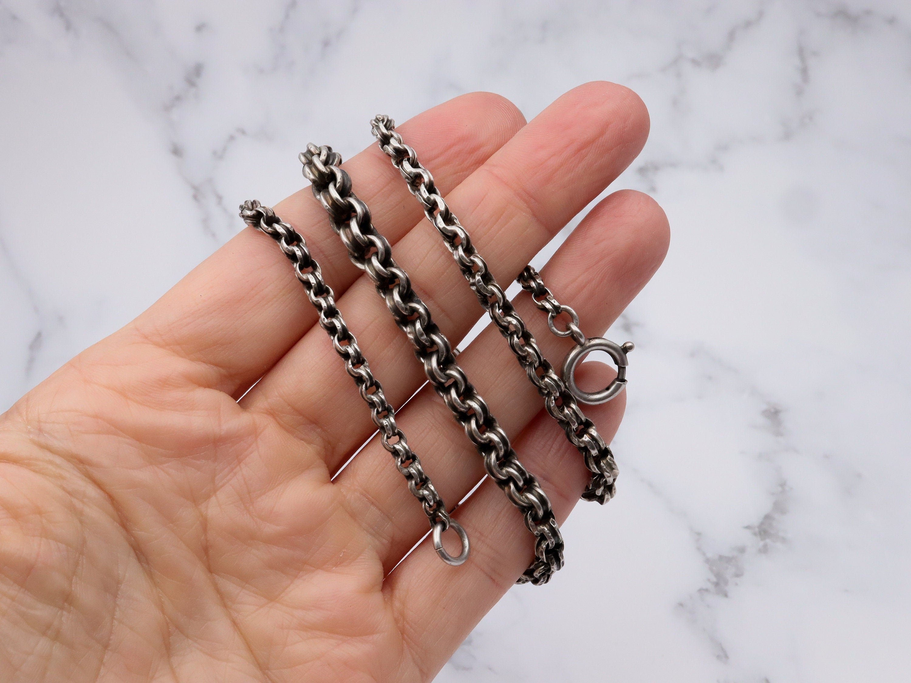 Antique sterling silver handmade fluted graduated curb link chain