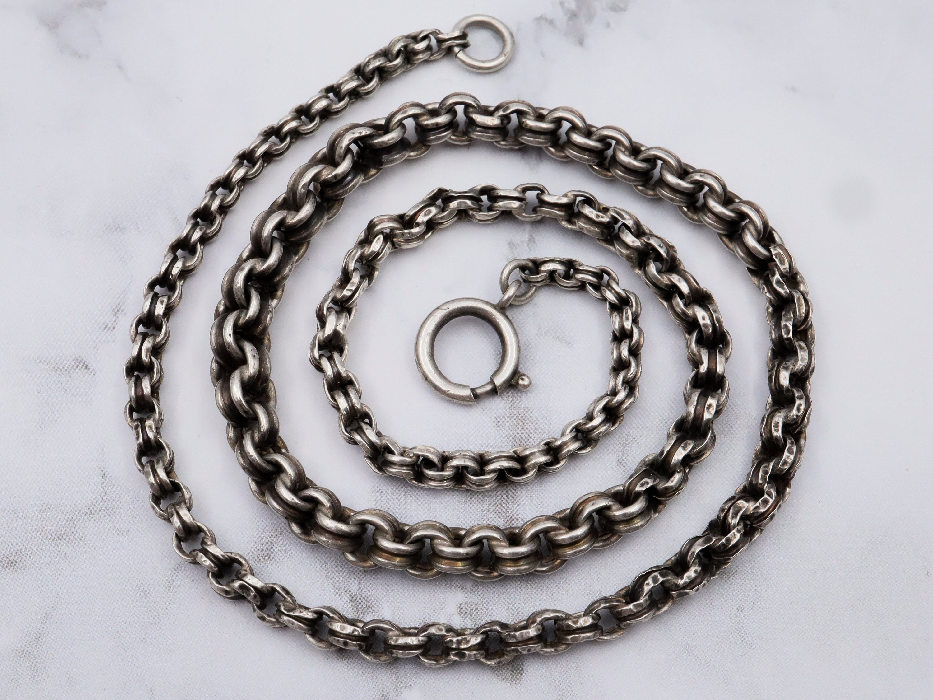 Antique sterling silver handmade fluted graduated curb link chain