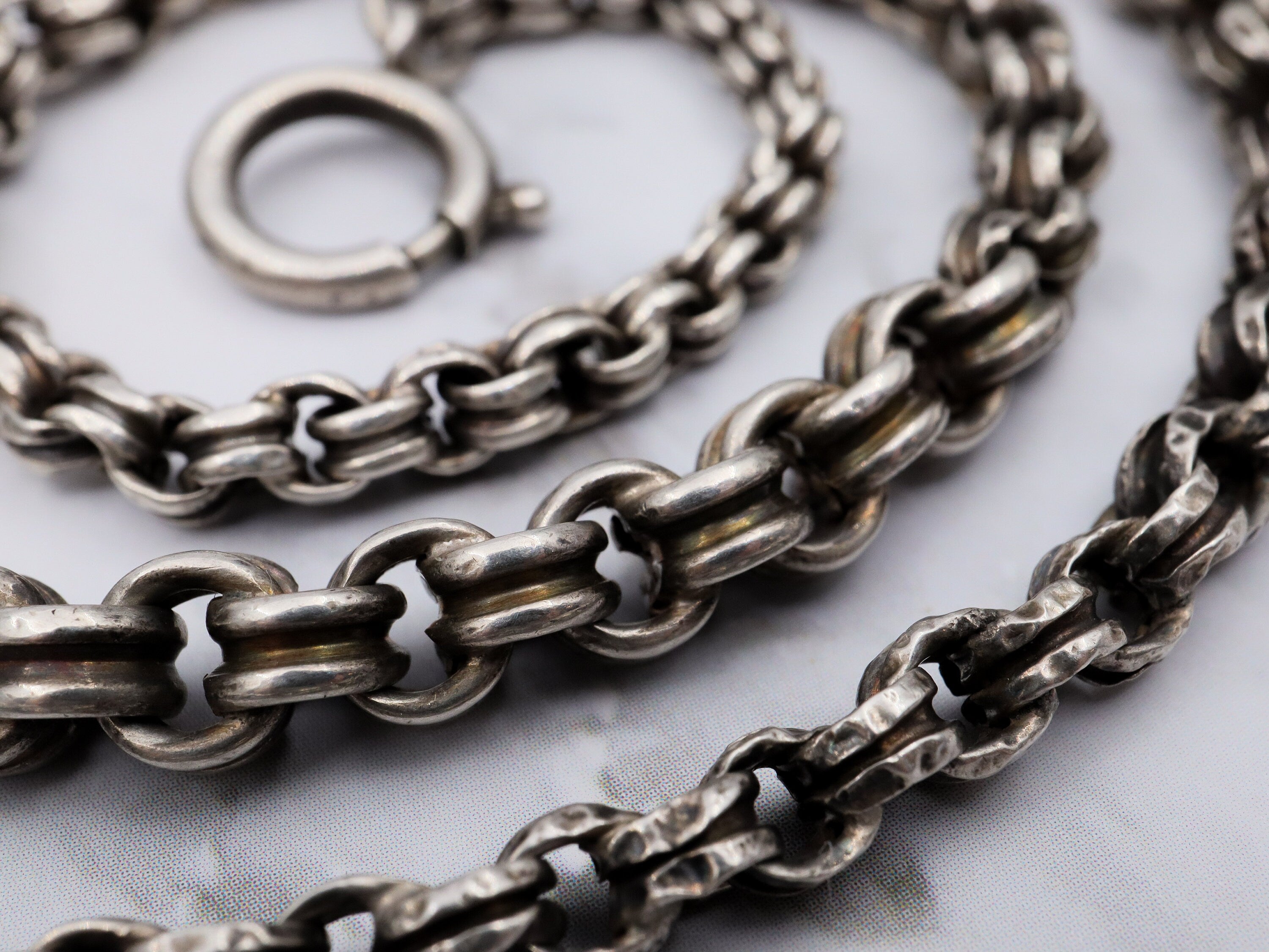 Antique sterling silver handmade fluted graduated curb link chain