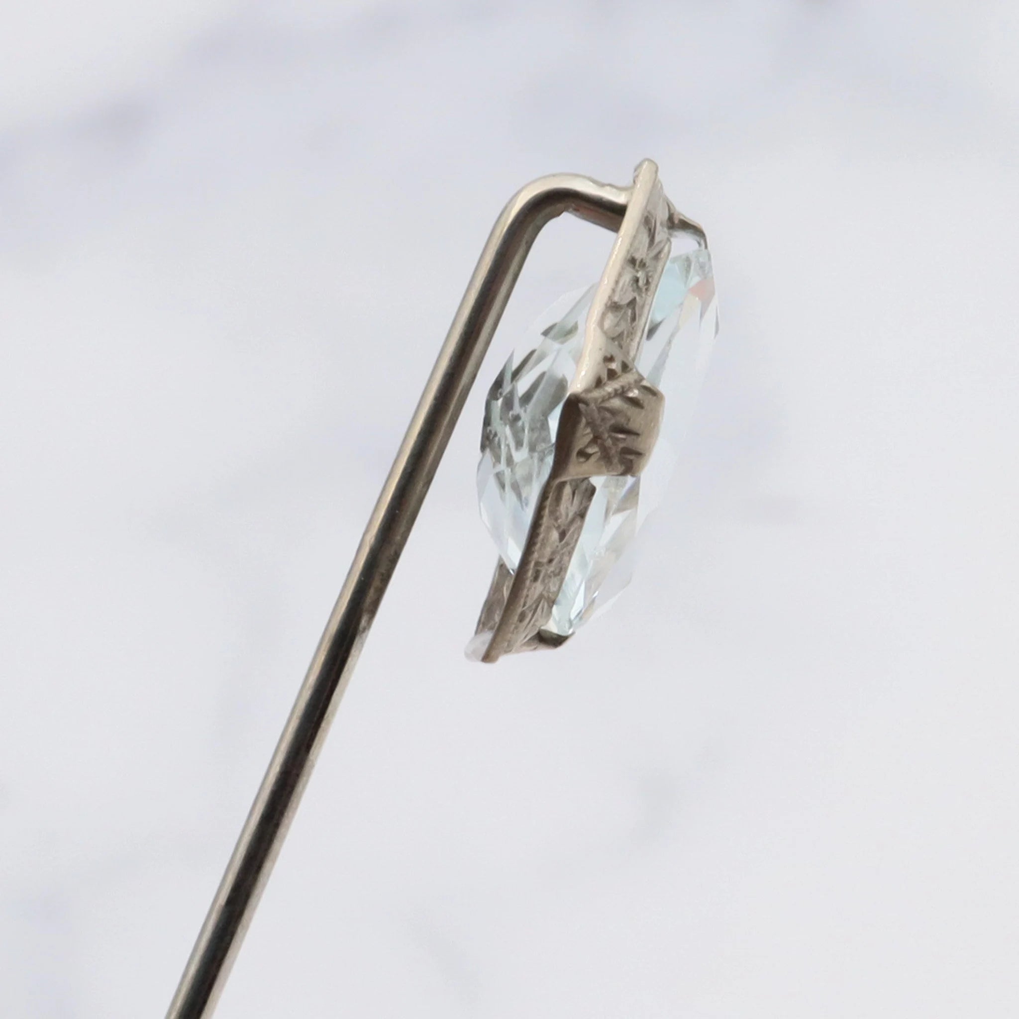 Antique victorian Ostby Barton 10K white gold and aquamarine stick pin