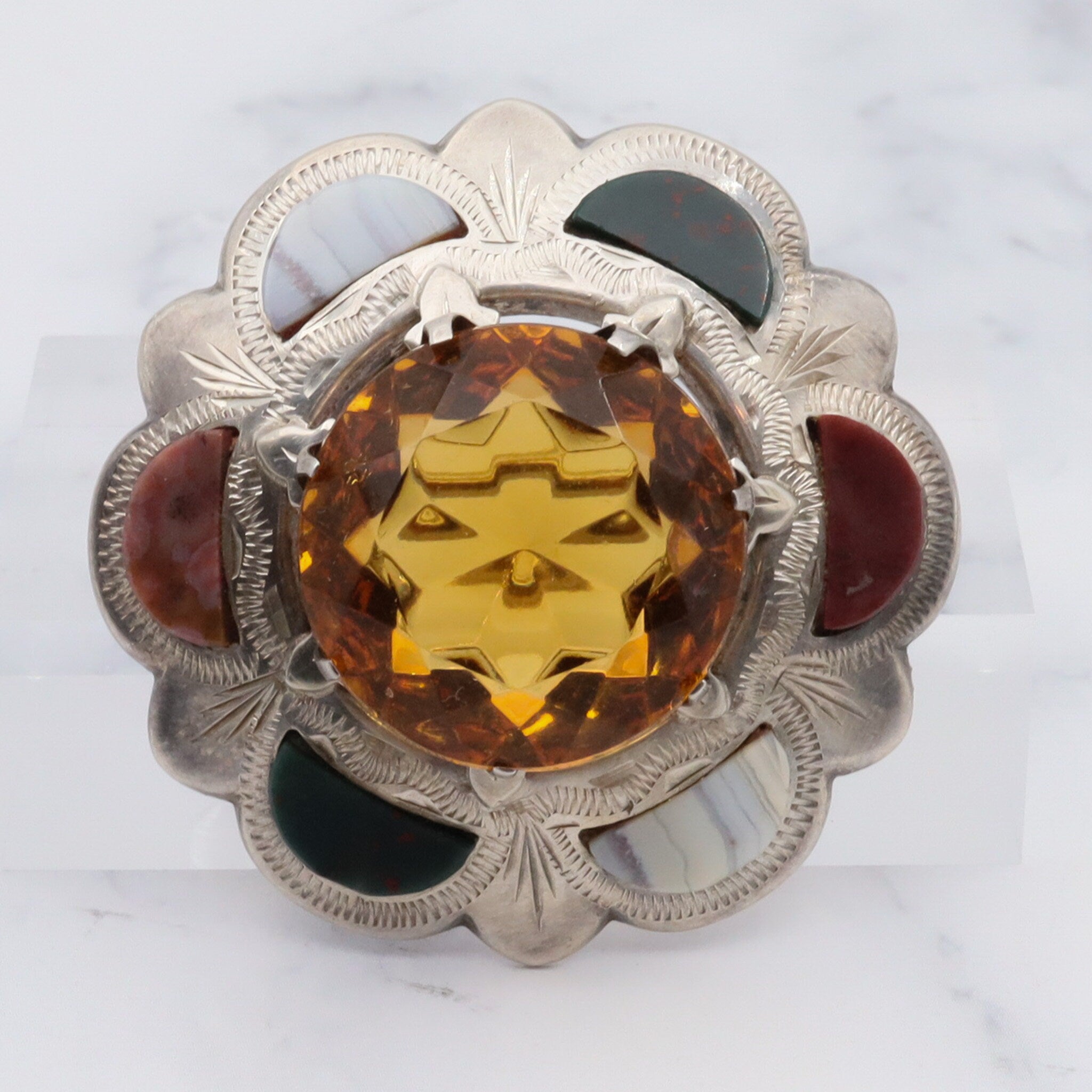 Antique victorian sterling silver Scottish provincial agate inlay and faux citrine brooch