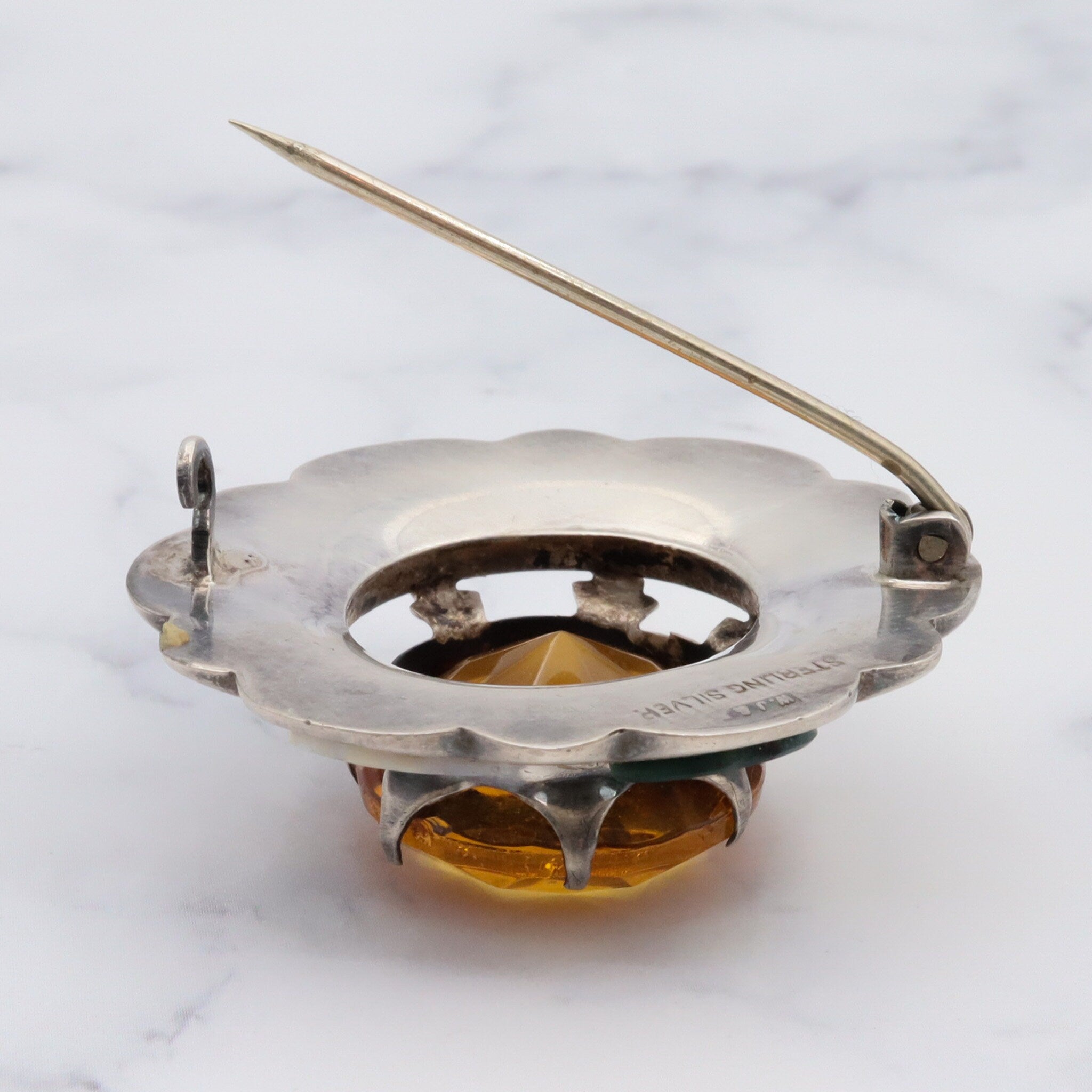 Antique victorian sterling silver Scottish provincial agate inlay and faux citrine brooch