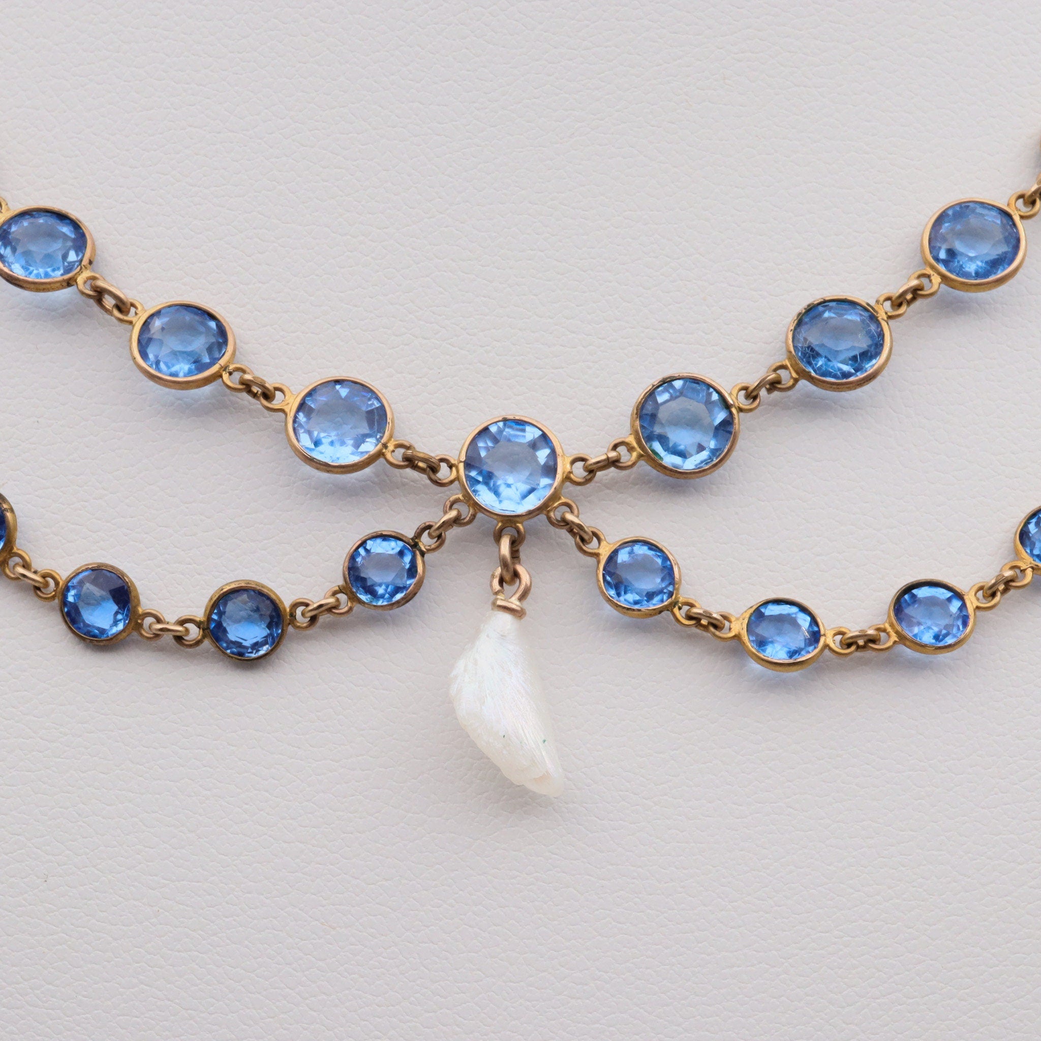 Antique gold filled blue pastel & dogtooth pearl festoon 16.5”