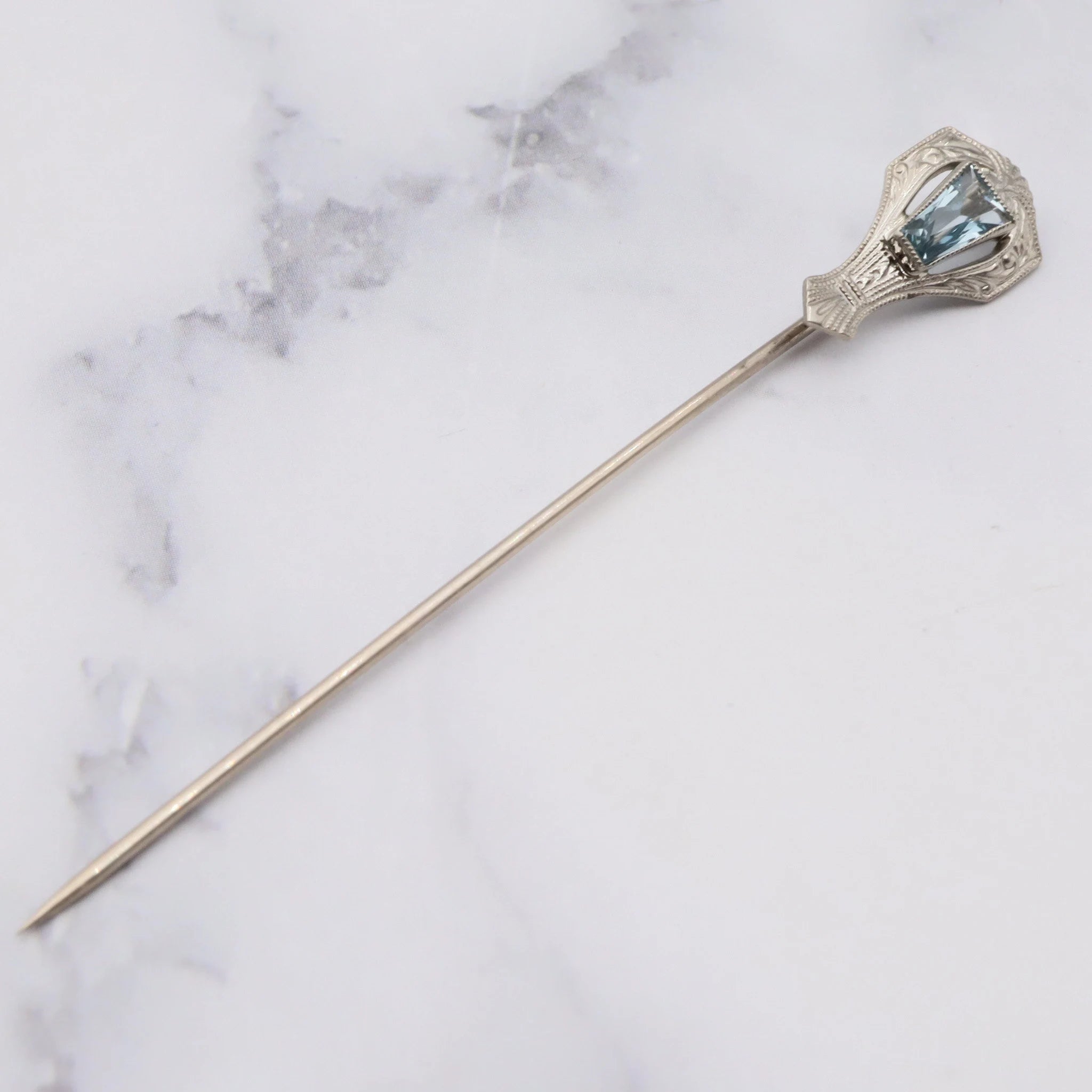 Antique Art Deco Belais 14k white gold & aquamarine stick pin