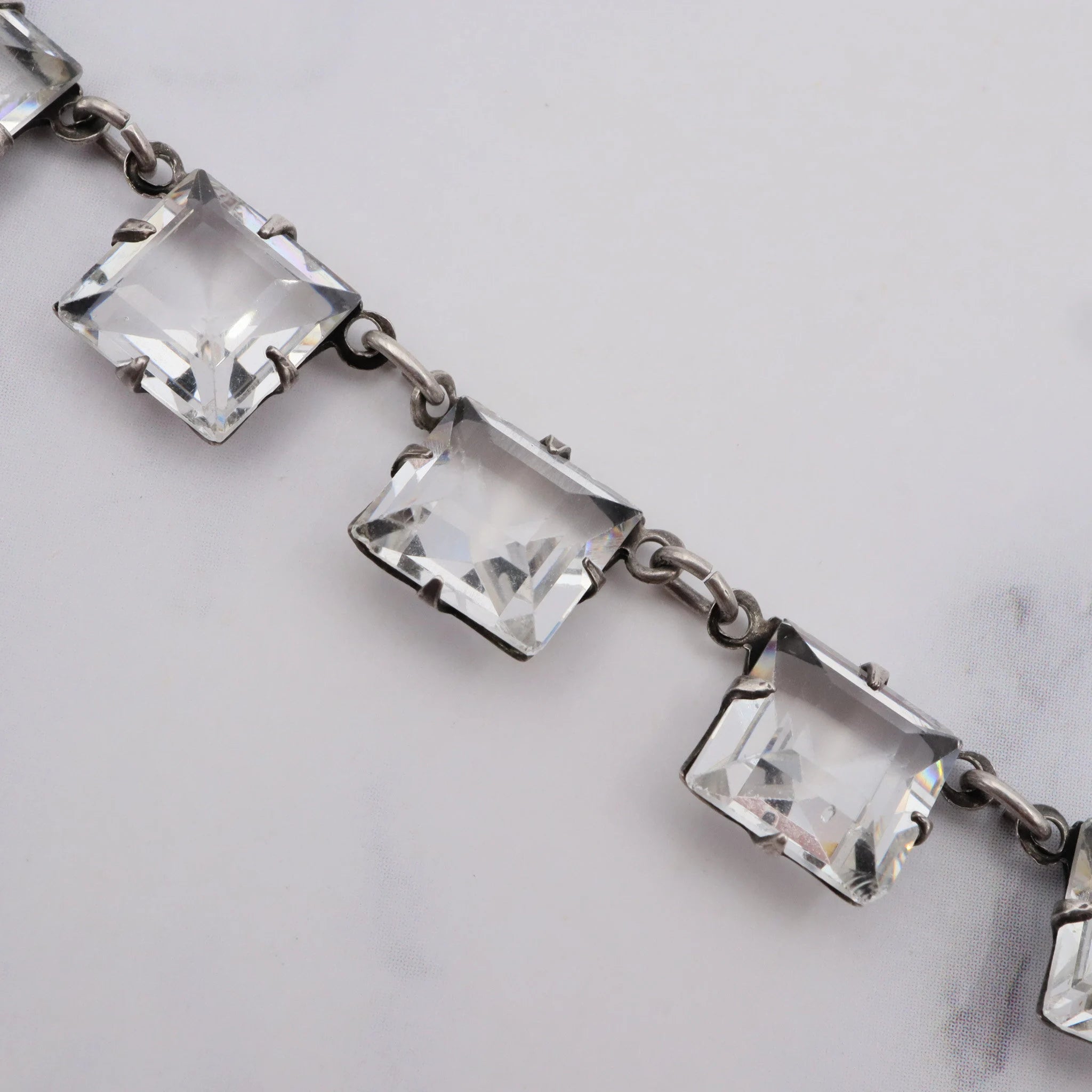 Antique art deco sterling Riviere faceted open back square crystal necklace 17”