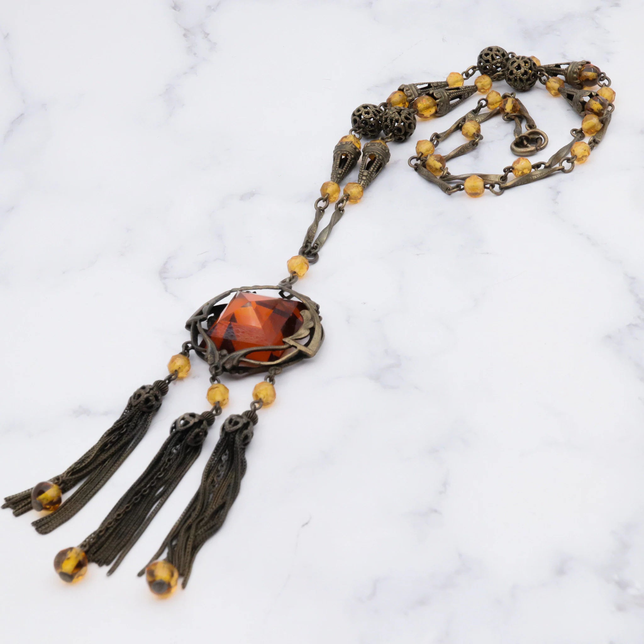 Antique Art Nouveau brass & amber glass necklace, 25"