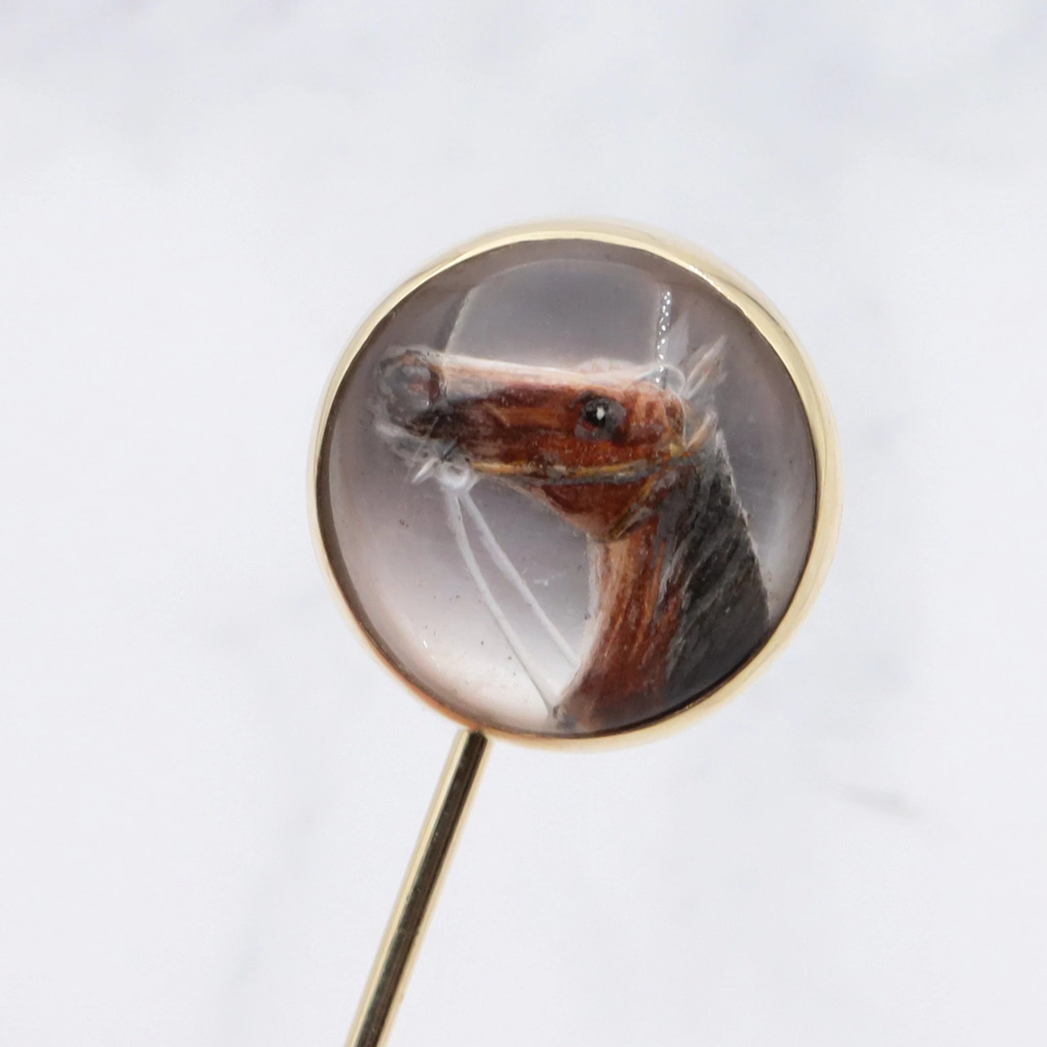 Antique victorian 14k gold reverse painted essex crystal intaglio equestrian on mother of pearl stick pin