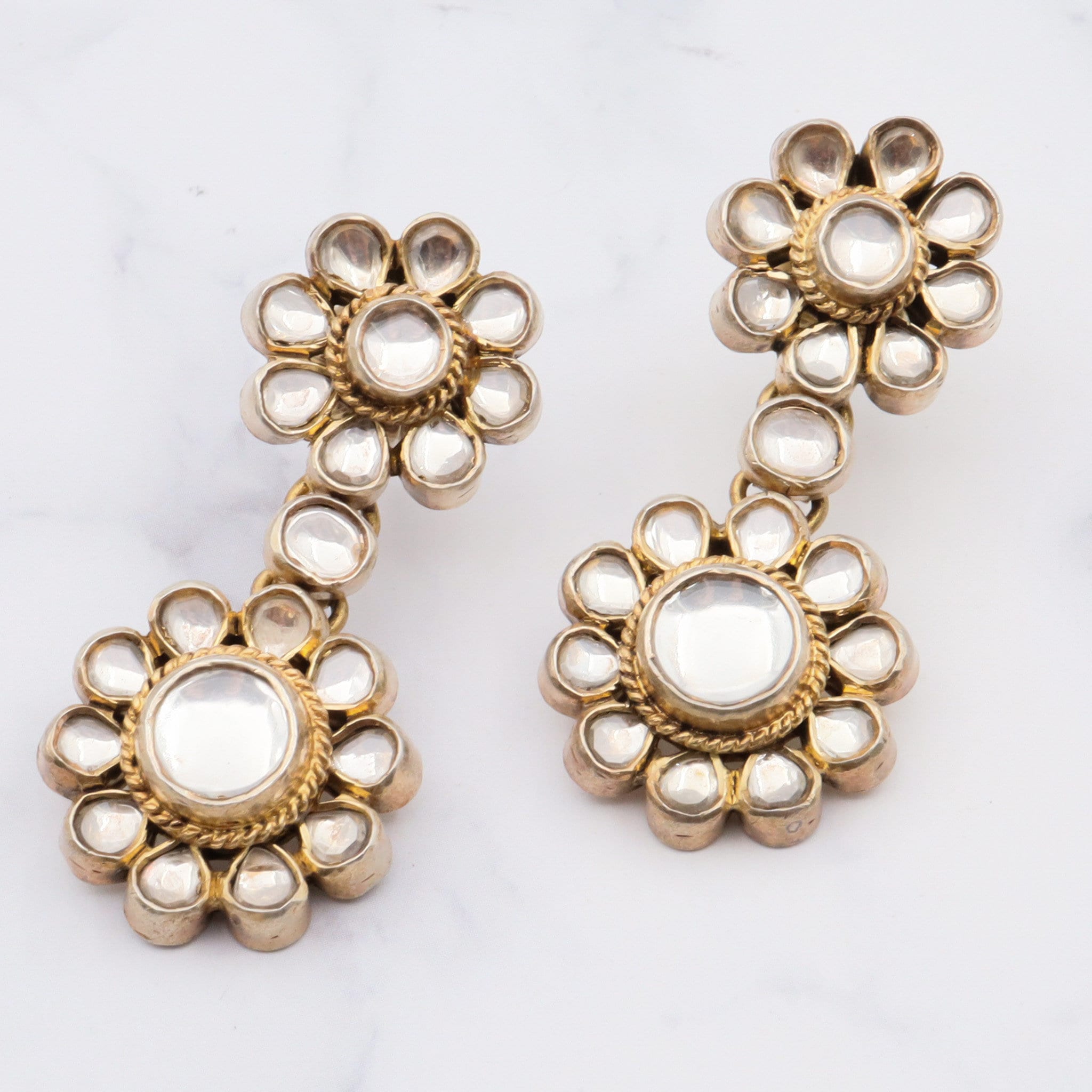 Vintage gilt sterling silver white topaz kundan flower earrings