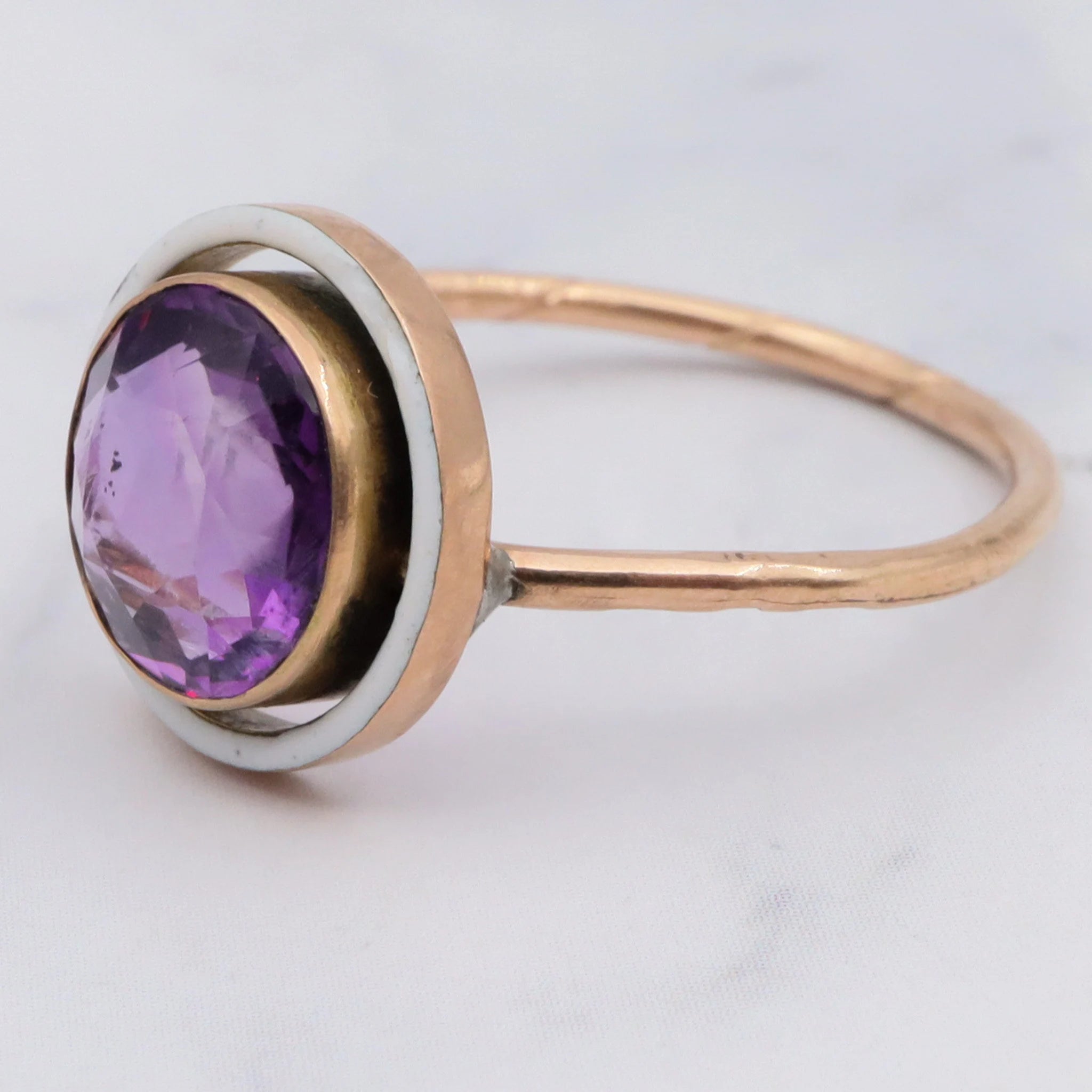 Antique French Deco 14k gold amethyst and enamel circle ring, size 7 1/4