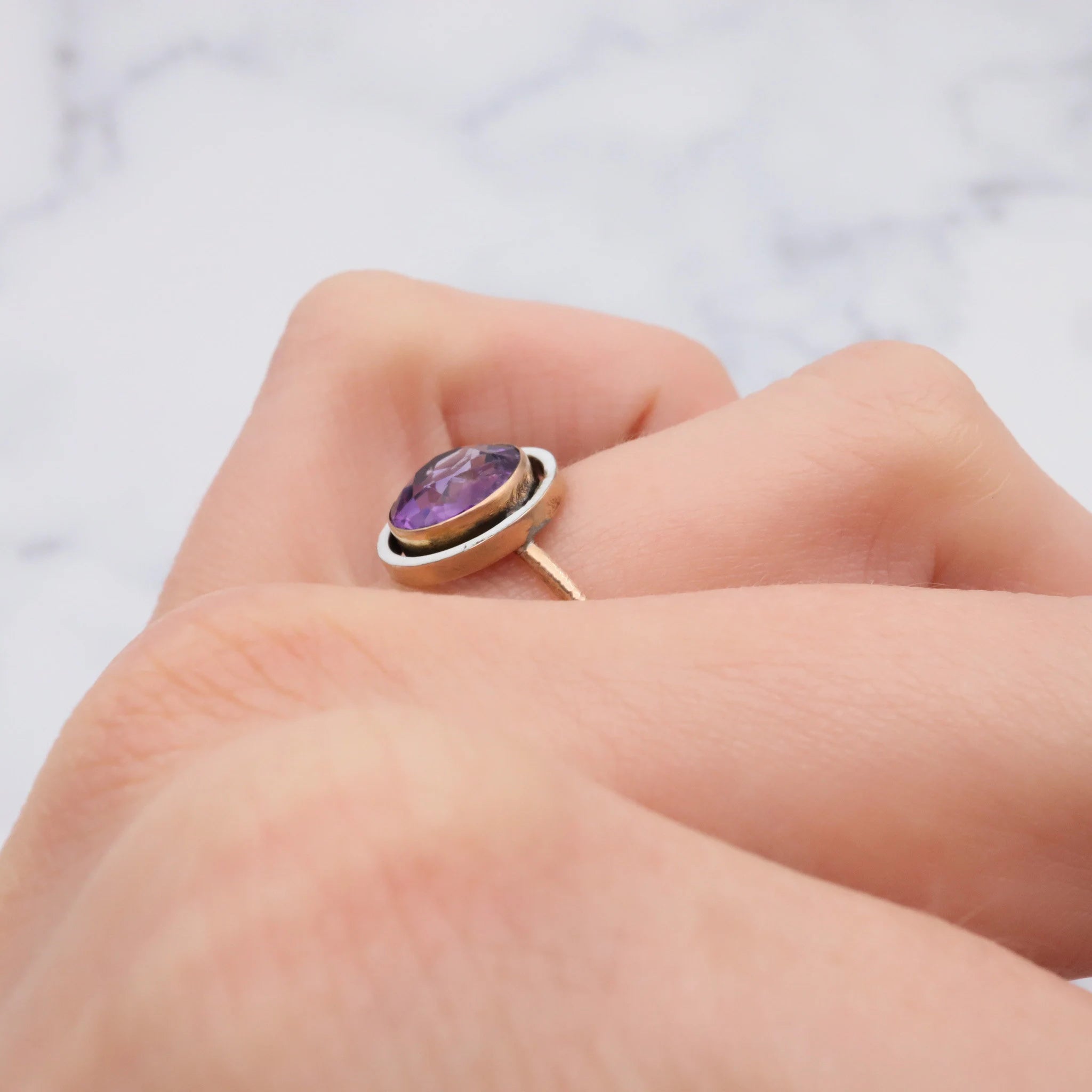 Antique French Deco 14k gold amethyst and enamel circle ring, size 7 1/4