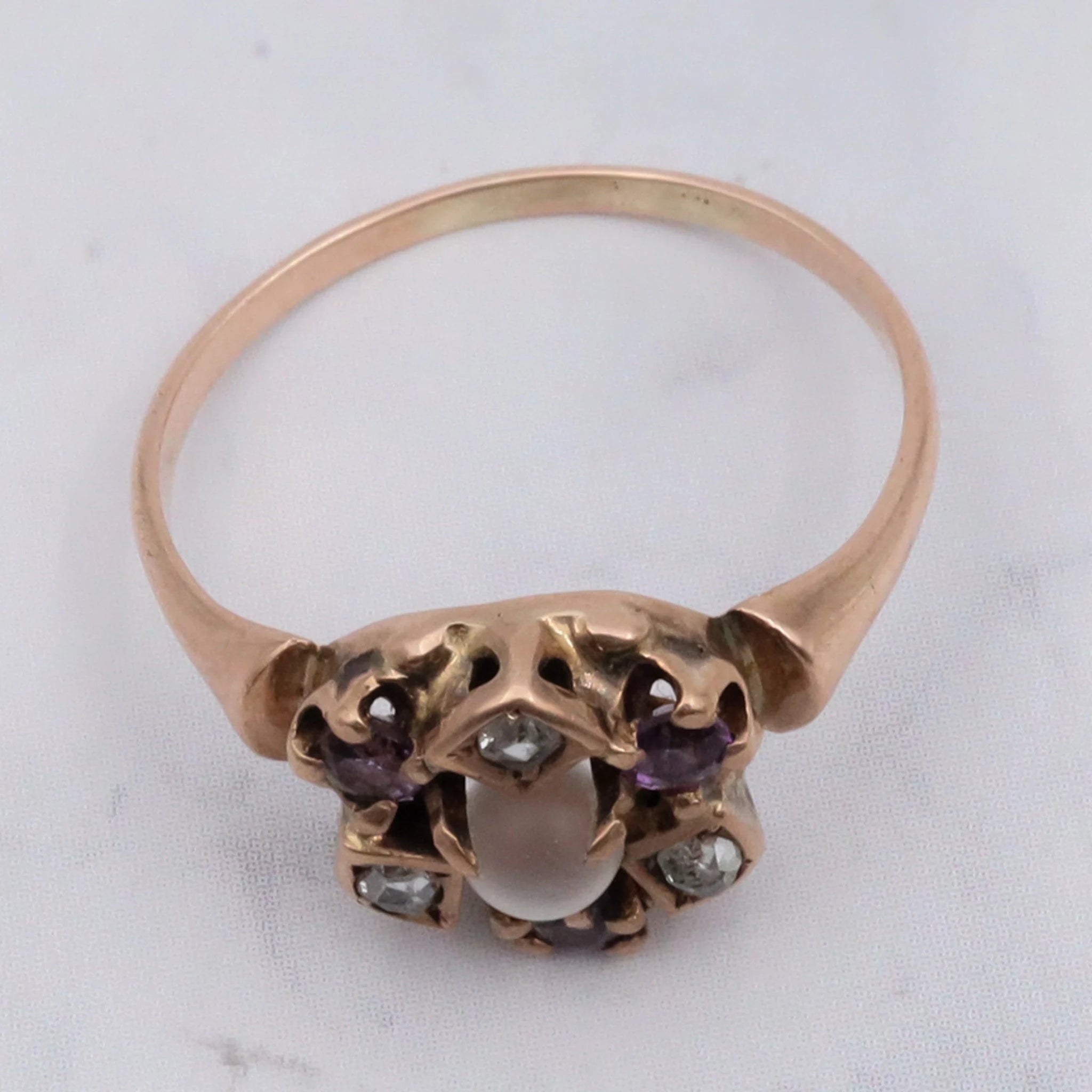 Antique Victorian 10K Gold Ring with Moonstone Orb, Rose Cut Diamond, & Amethyst Accents - Size 4