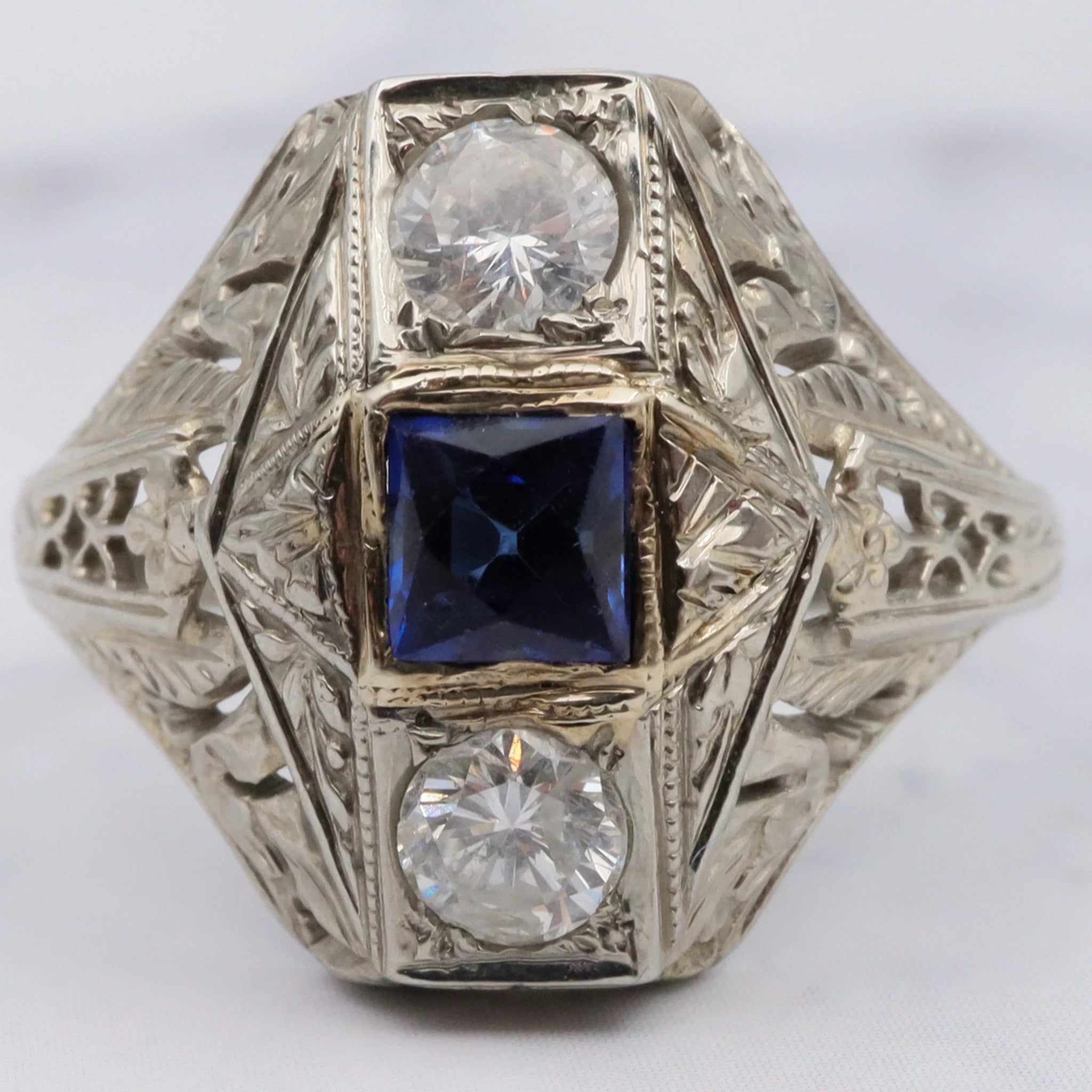 Antique Deco 18K White Gold Filigree Diamond and Simulated Sapphire - Size 6