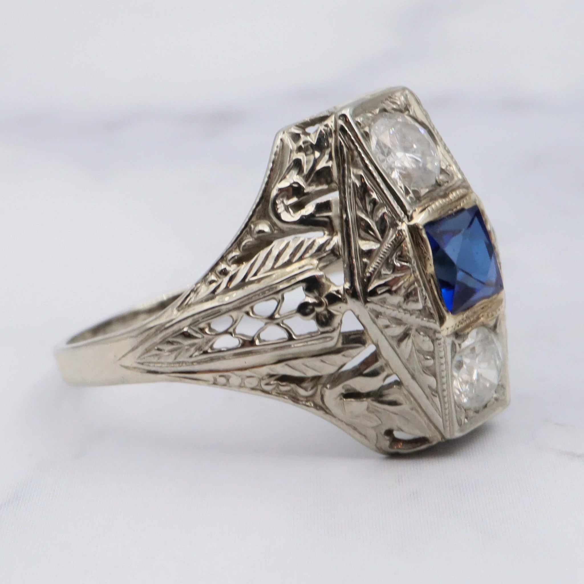 Antique Deco 18K White Gold Filigree Diamond and Simulated Sapphire - Size 6