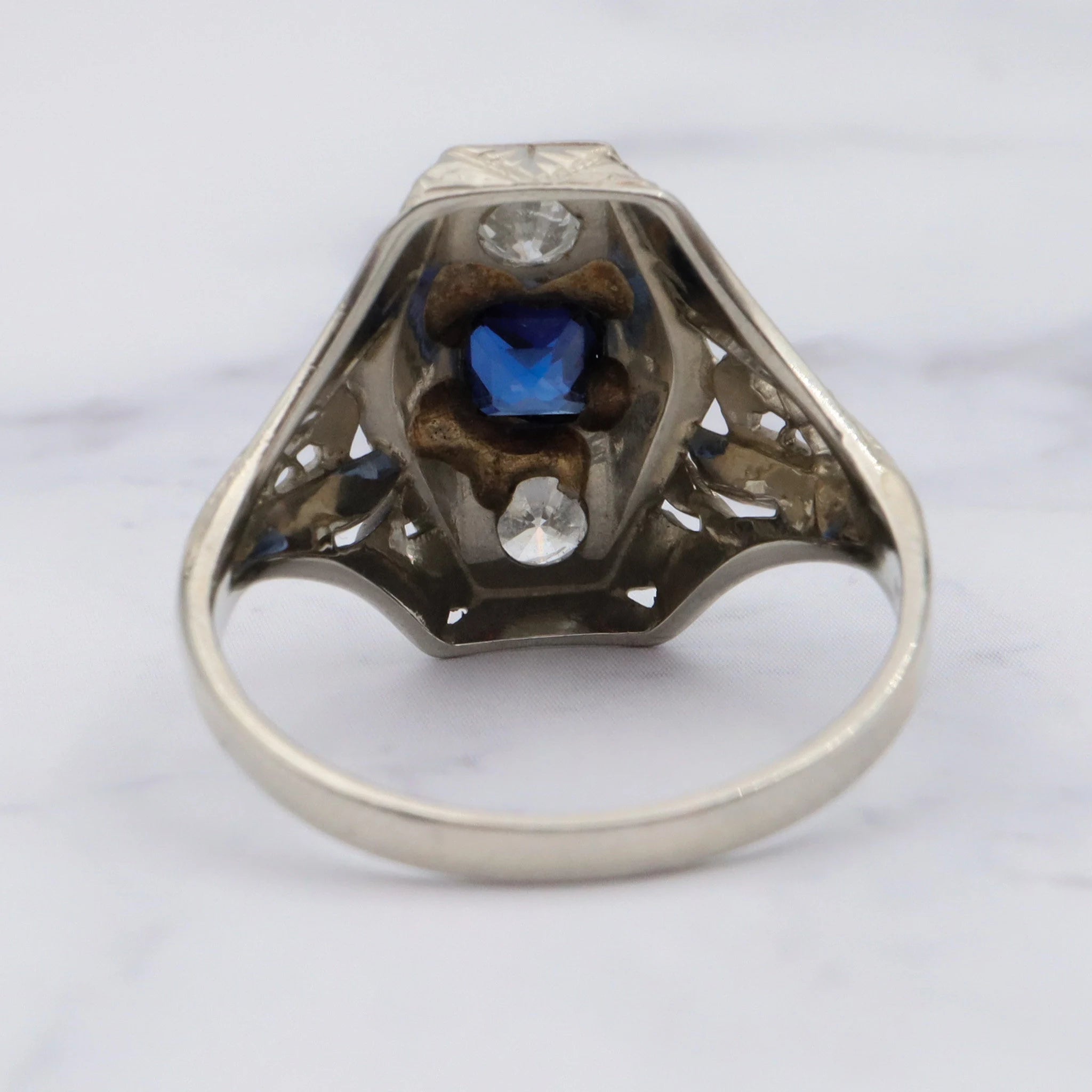 Antique Deco 18K White Gold Filigree Diamond and Simulated Sapphire - Size 6