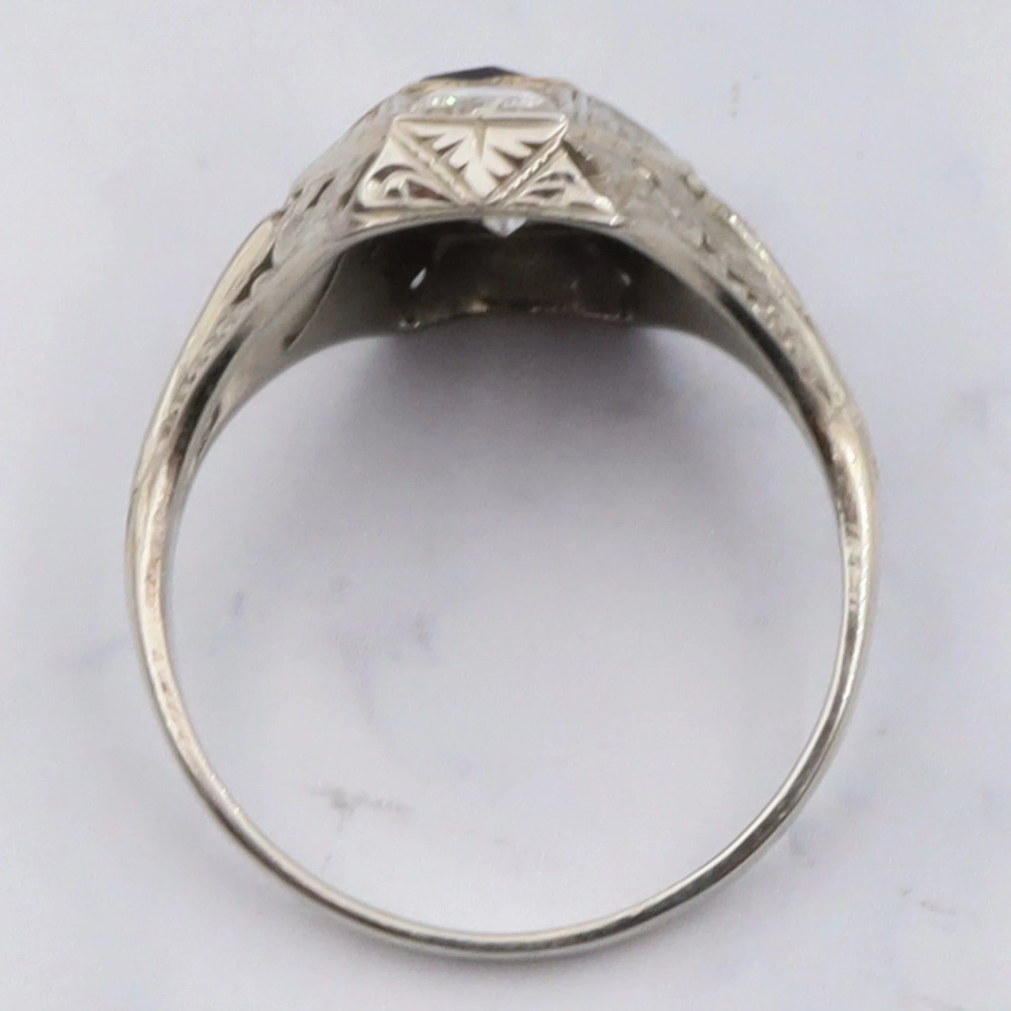 Antique Deco 18K White Gold Filigree Diamond and Simulated Sapphire - Size 6