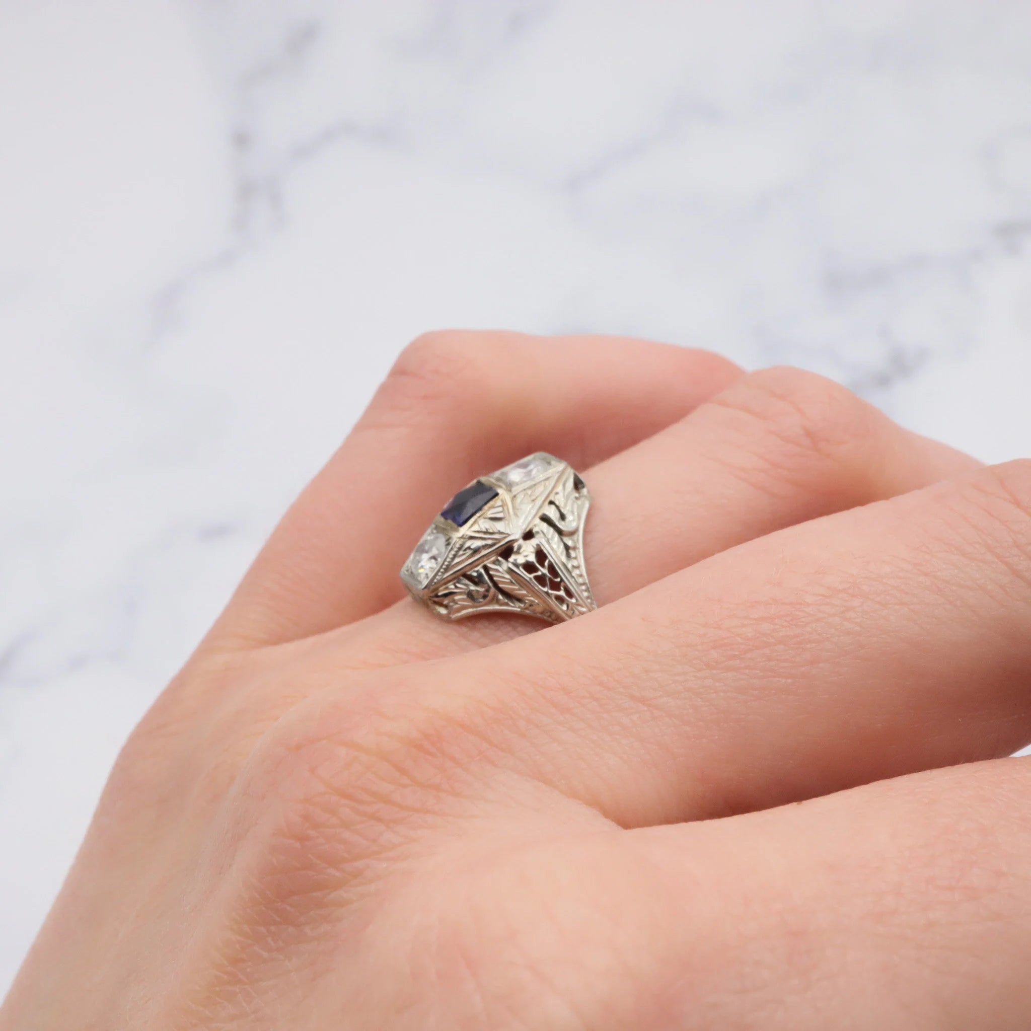 Antique Deco 18K White Gold Filigree Diamond and Simulated Sapphire - Size 6