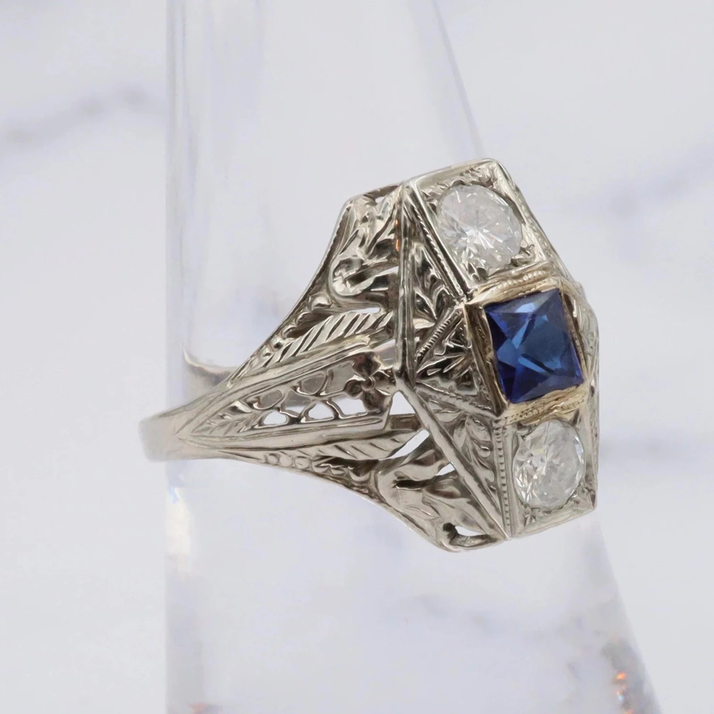 Antique Deco 18K White Gold Filigree Diamond and Simulated Sapphire - Size 6