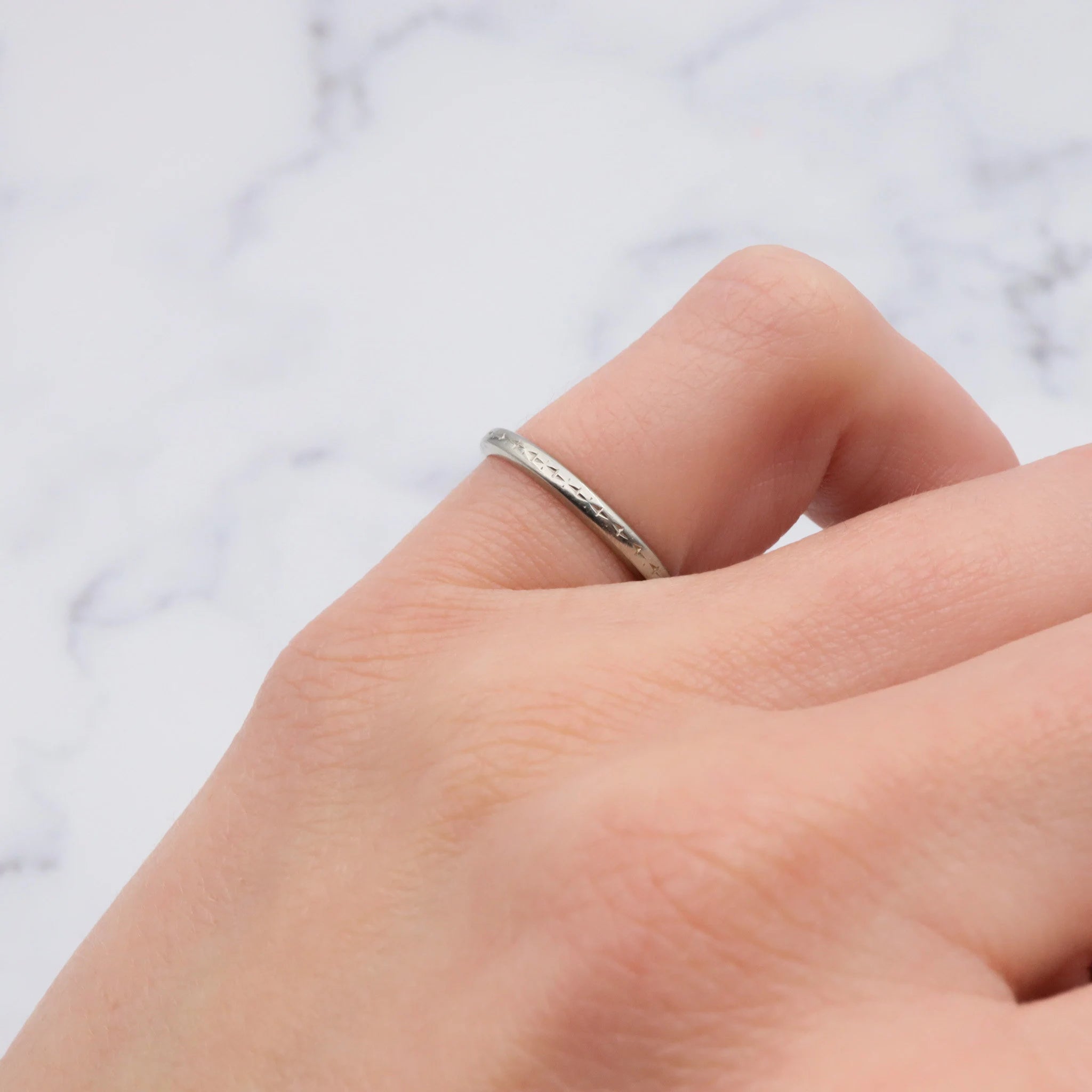 Vintage 1934 18K White Gold Etched Design Band with Initials - Size 5.5