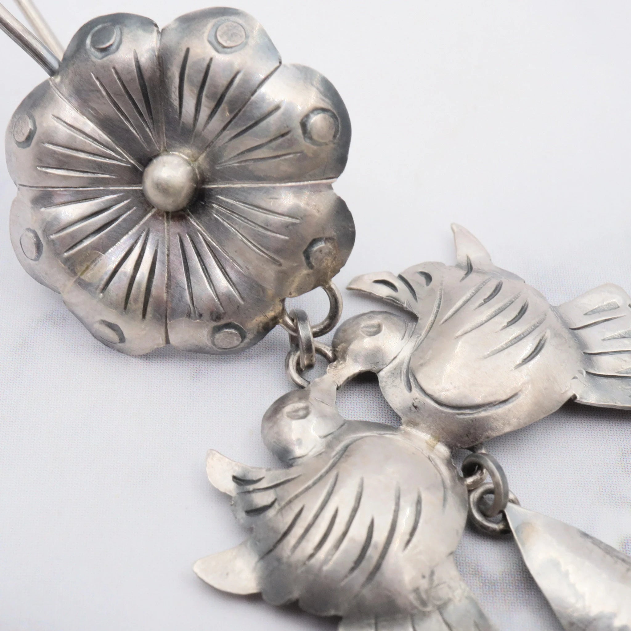 Large Navajo sterling silver chandelier earrings handmade love birds