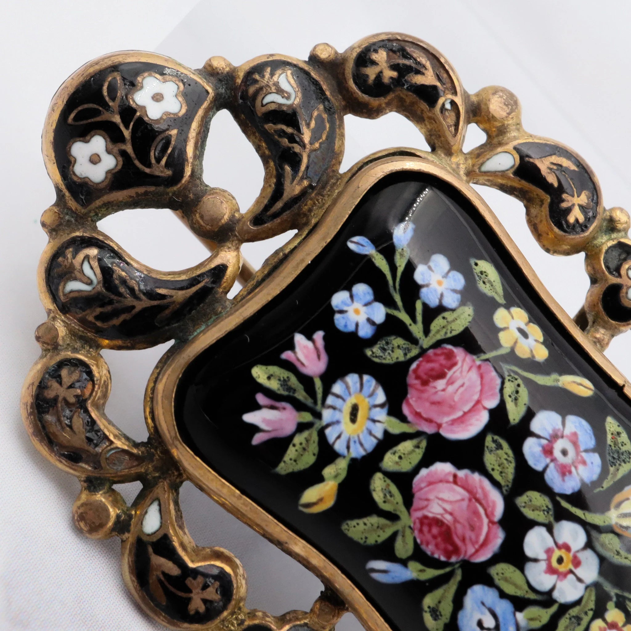 Antique victorian gold filled hand painted black and floral enamel brooch