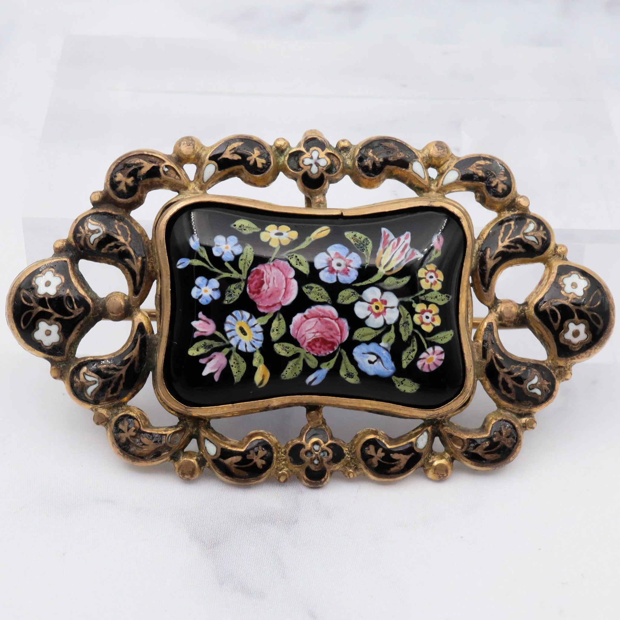 Antique victorian gold filled hand painted black and floral enamel brooch
