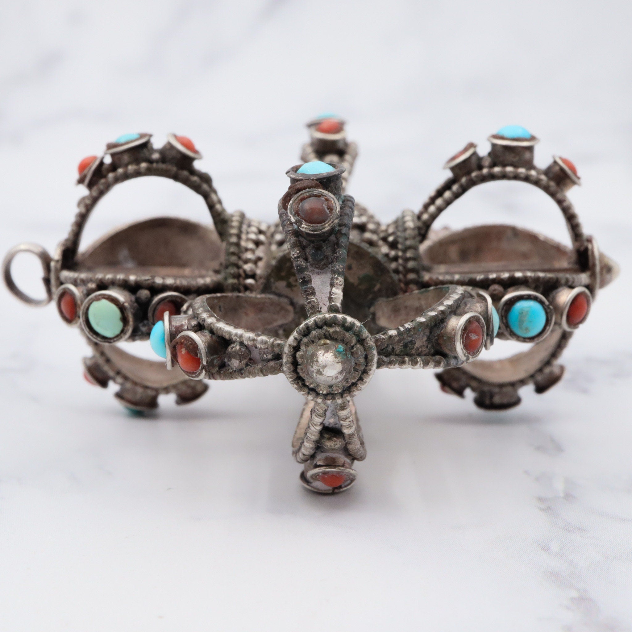 Antique tribal silver turquoise and coral extra large crown shaped pendant