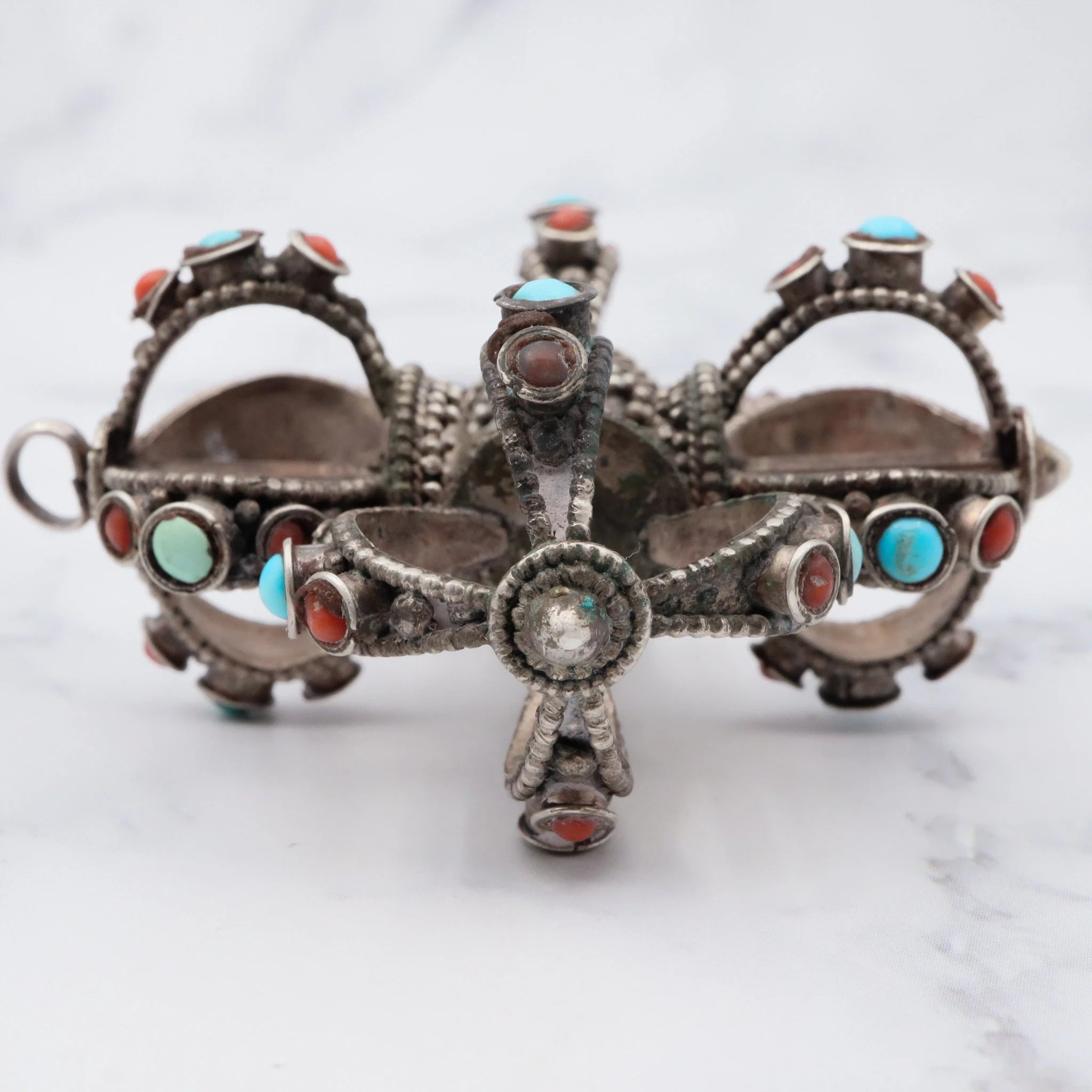 Antique tribal silver turquoise and coral extra large crown shaped pendant