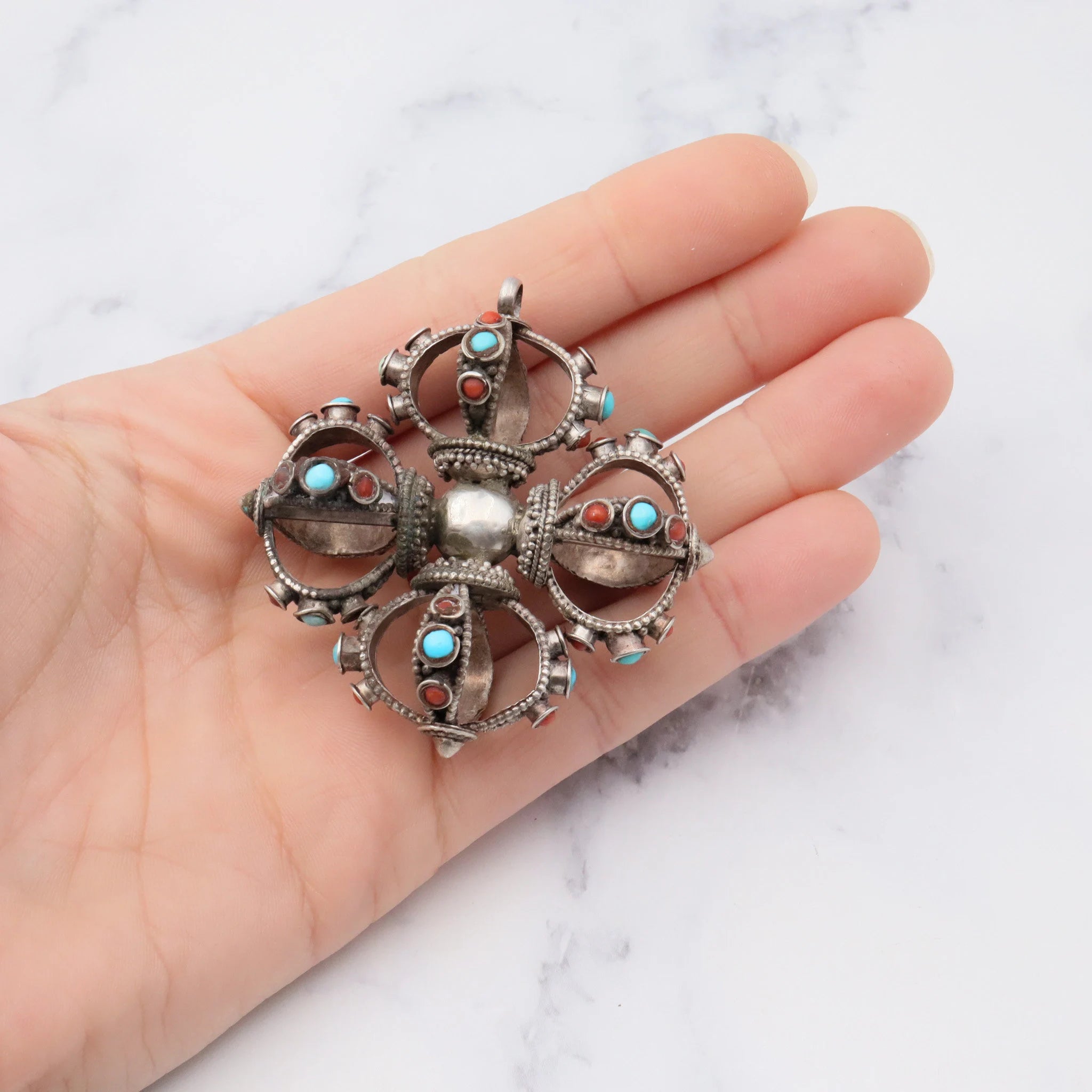 Antique tribal silver turquoise and coral extra large crown shaped pendant