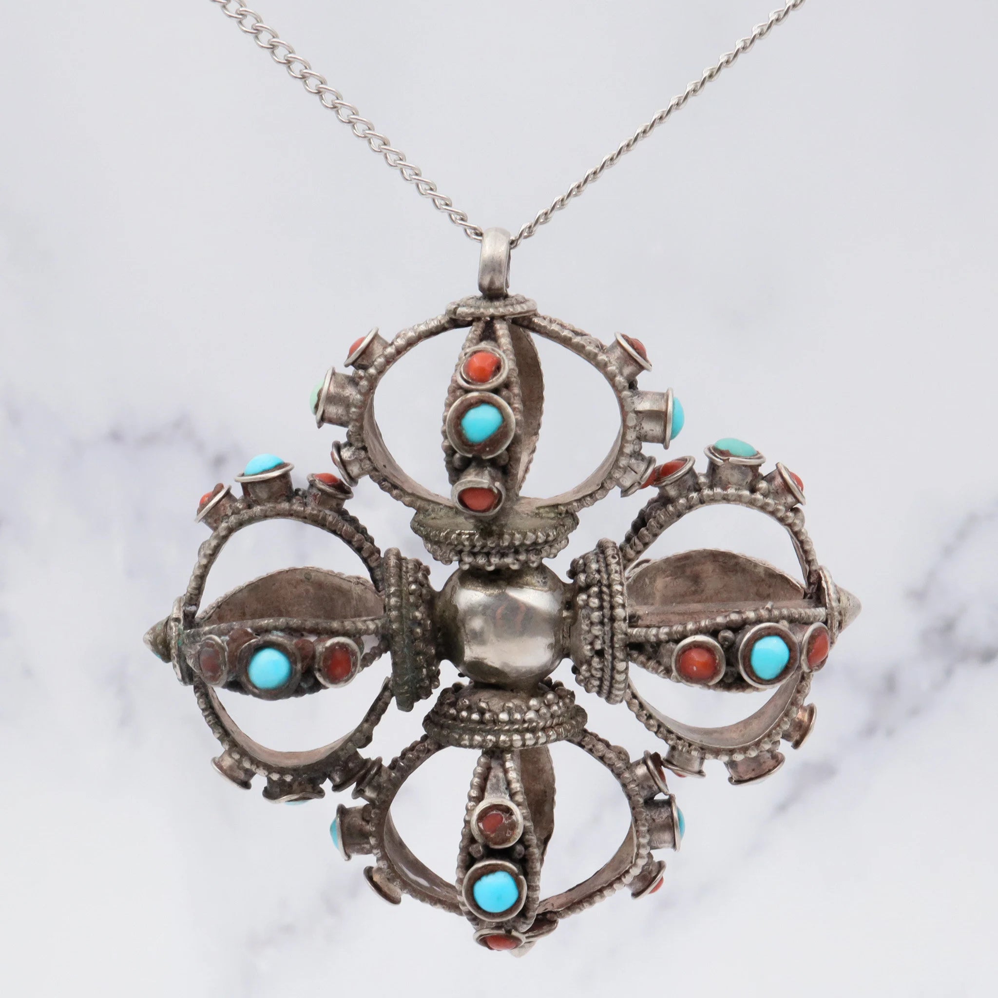 Antique tribal silver turquoise and coral extra large crown shaped pendant