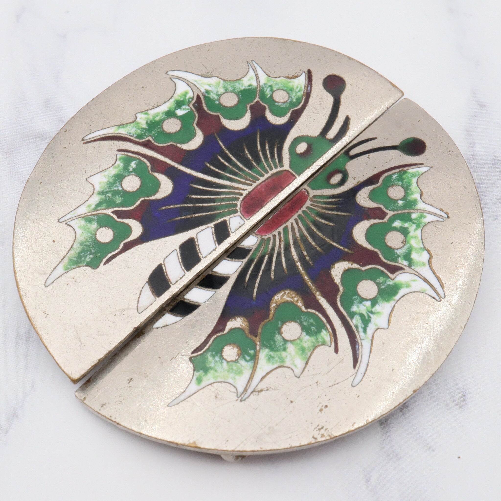 Large antique art nouveau silver plated enamel two-piece butterfly buckle