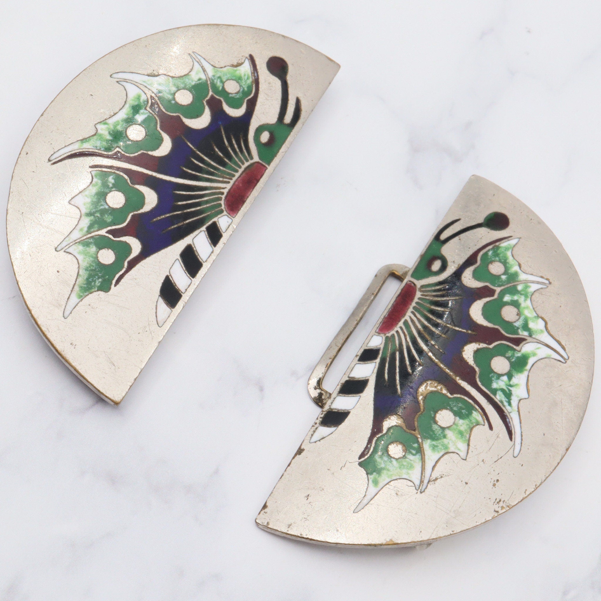 Large antique art nouveau silver plated enamel two-piece butterfly buckle
