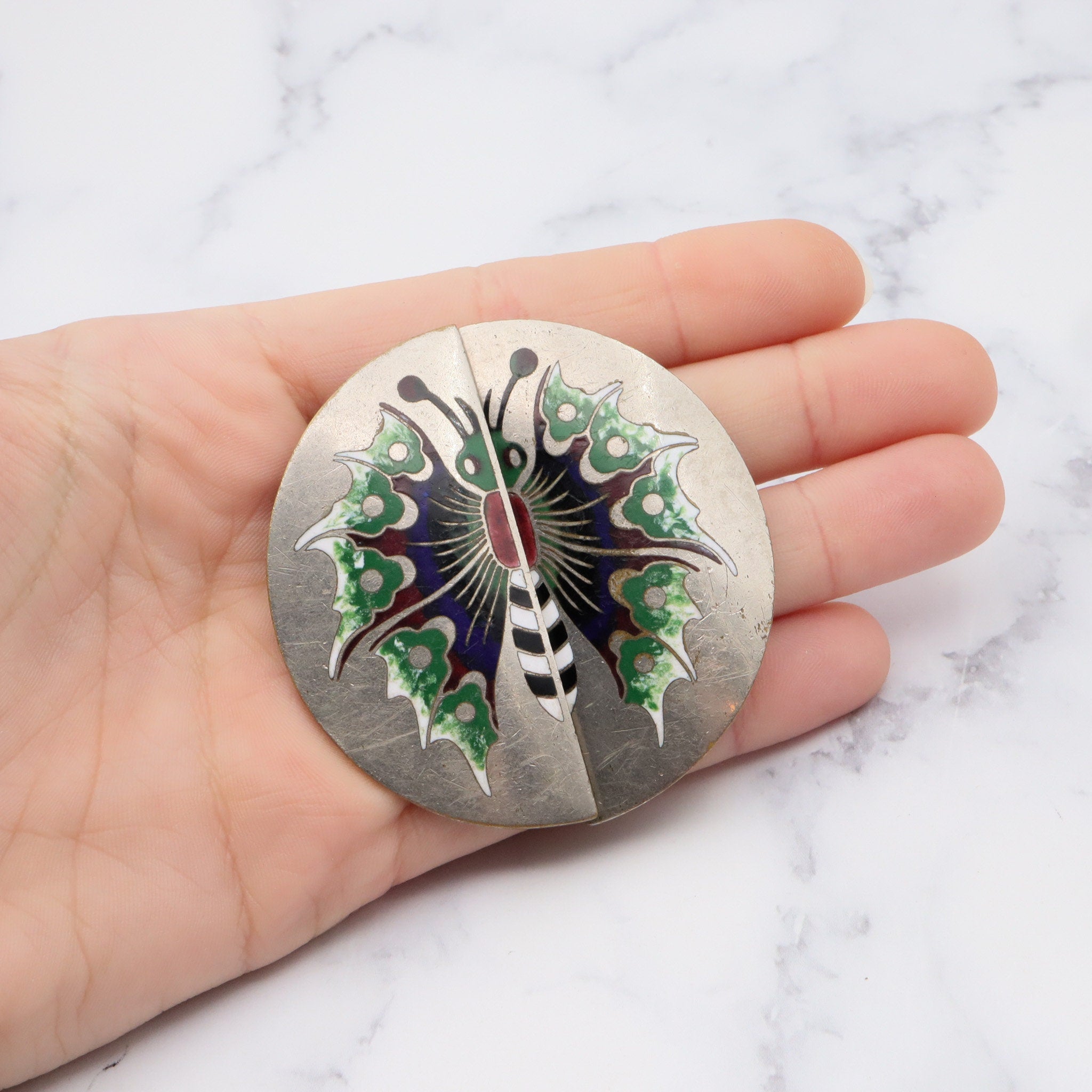 Large antique art nouveau silver plated enamel two-piece butterfly buckle