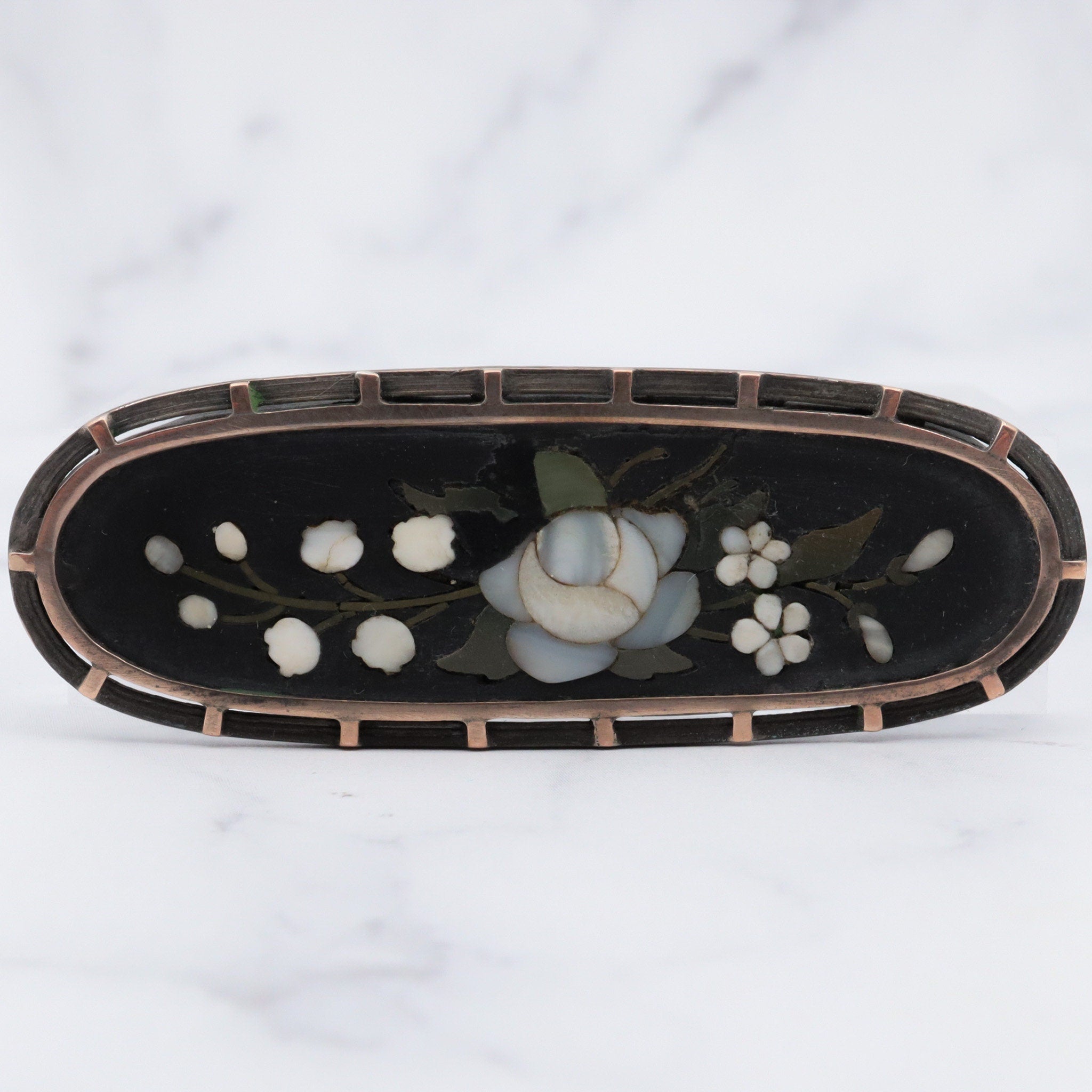 Antique victorian gold filled pietra dura oval flower brooch