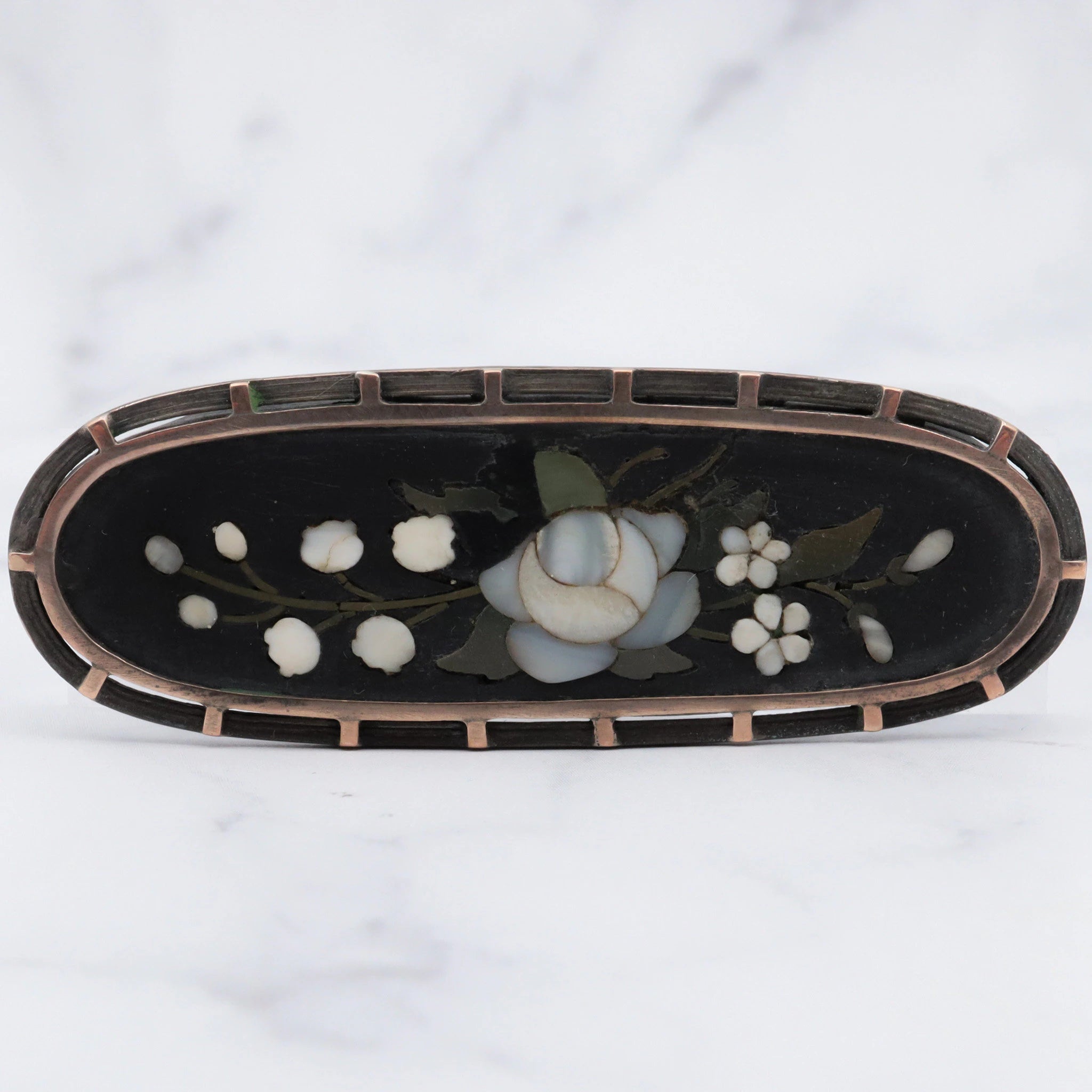 Antique victorian gold filled pietra dura oval flower brooch