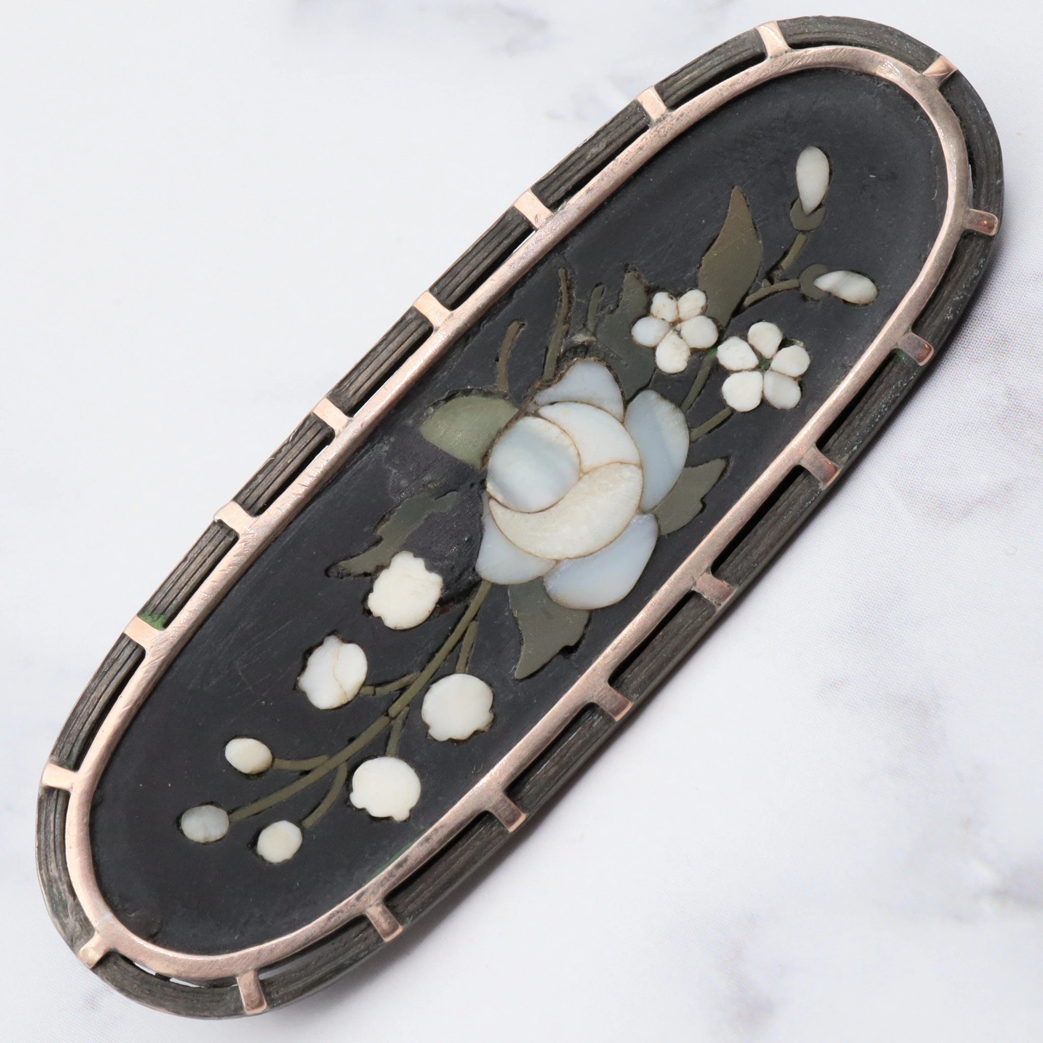 Antique victorian gold filled pietra dura oval flower brooch