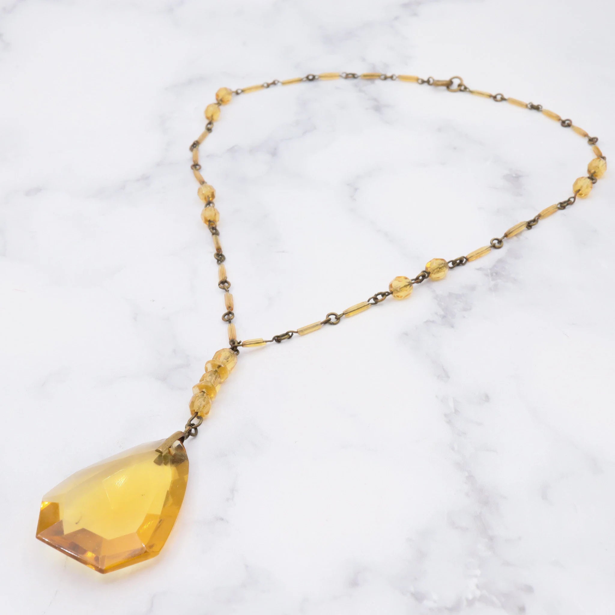 Antique deco Czech glass & brass drop pendant necklace