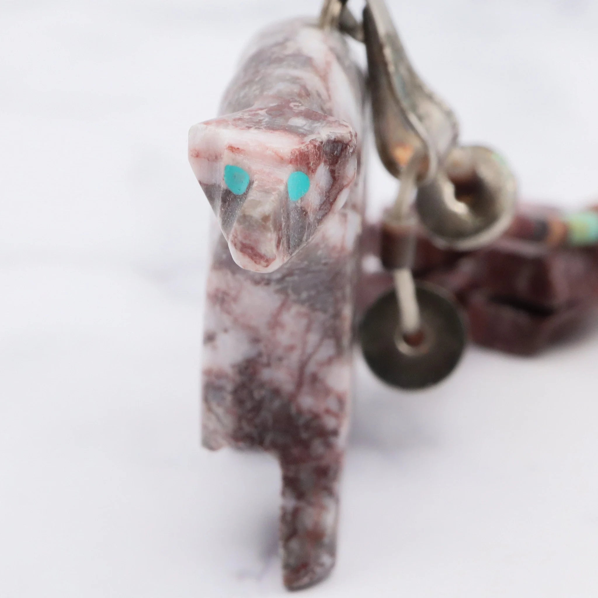 Native American carved rhodonite bear fetish necklace w/ heishi and turquoise beads, 32"