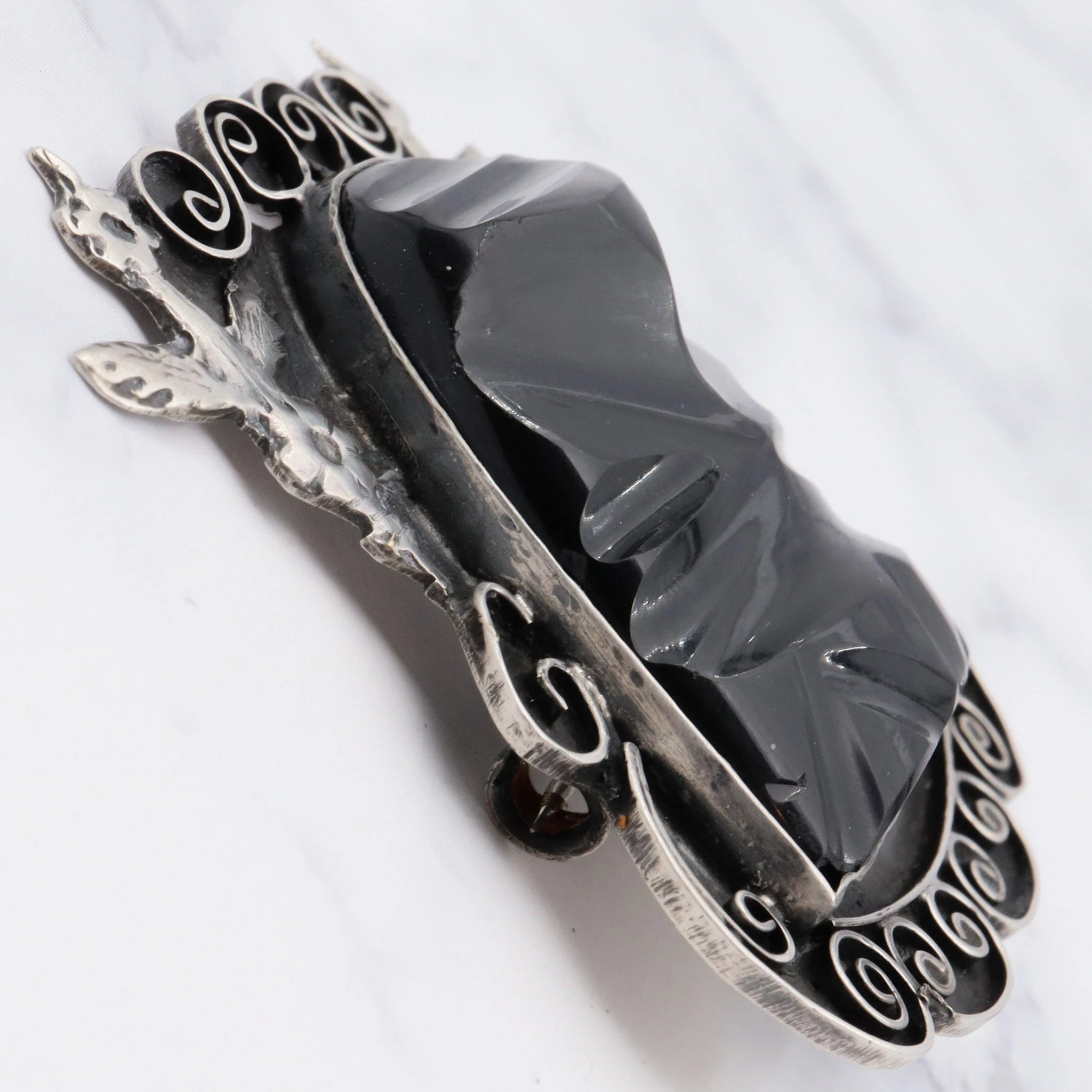 Antique Mexican sterling and carved onyx Mayan mask brooch