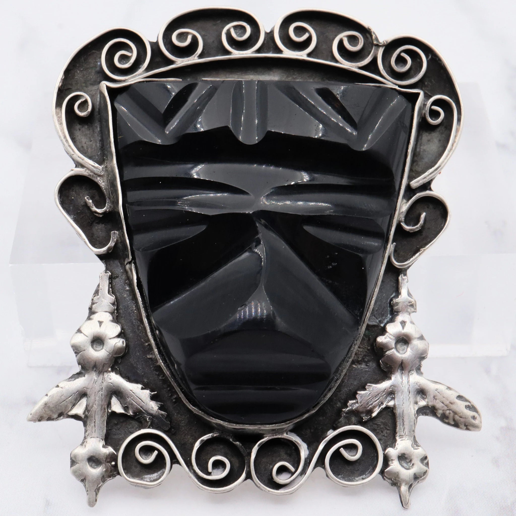 Antique Mexican sterling and carved onyx Mayan mask brooch