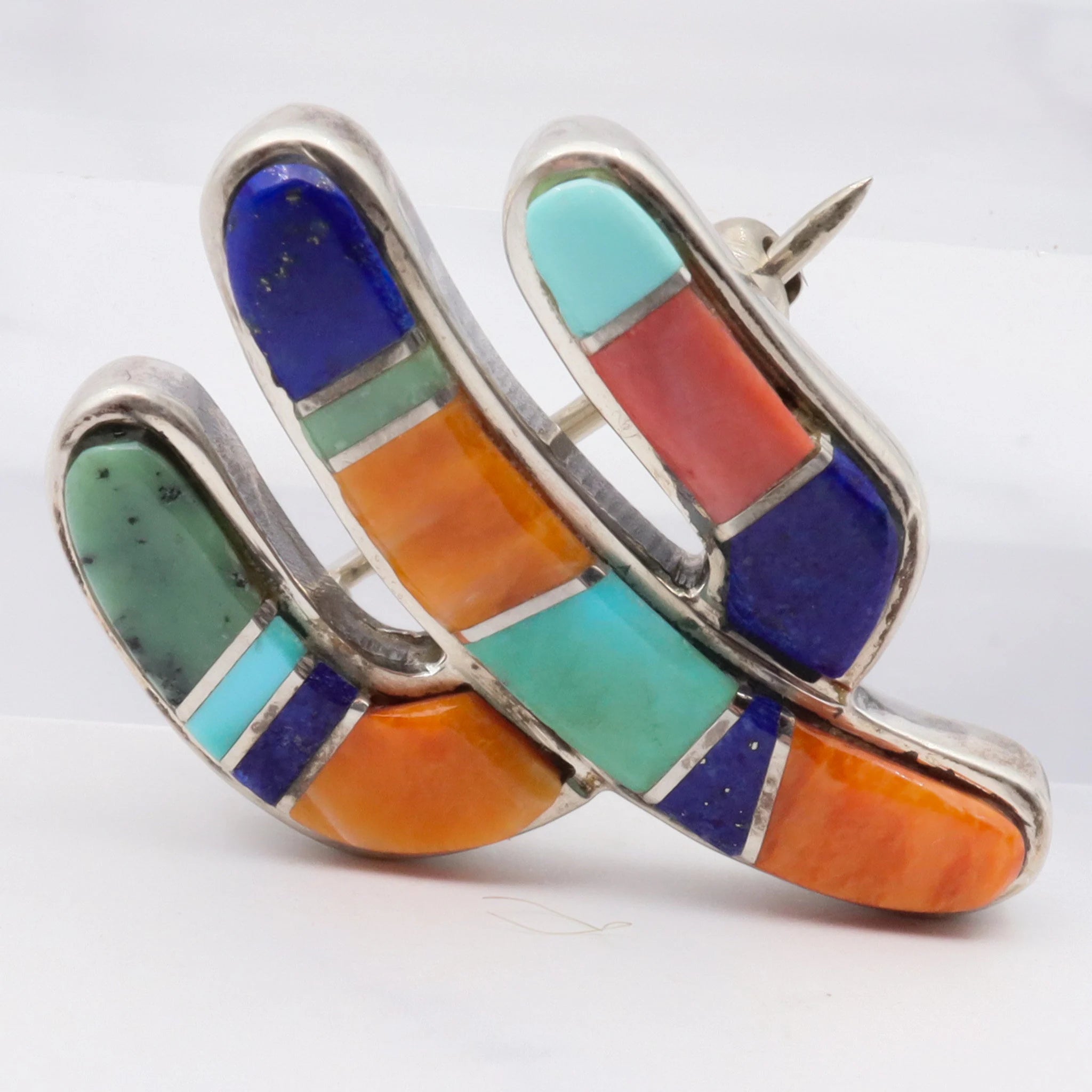 Navajo dine sterling stone inlay cactus brooch signed 