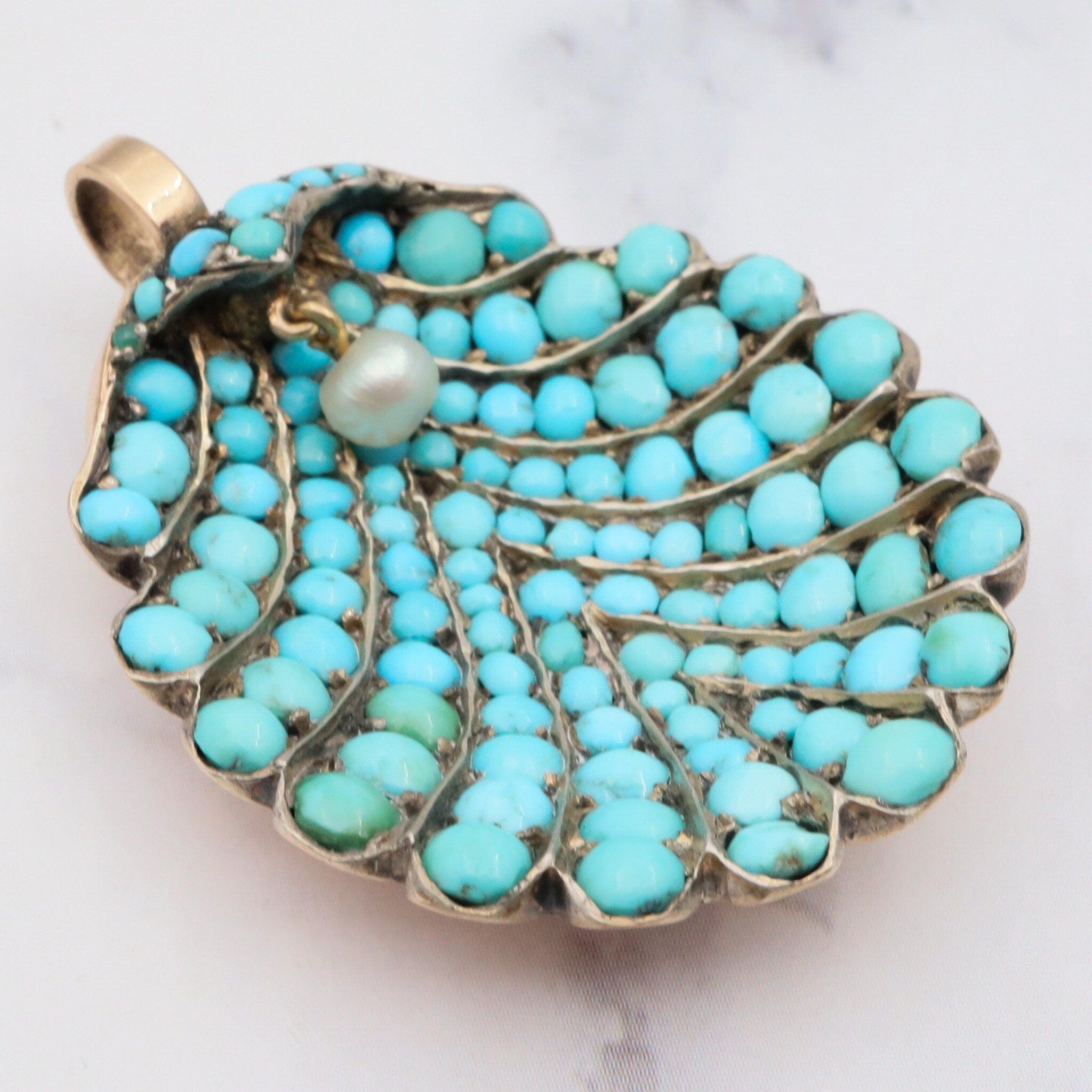 Antique Victorian 14k gold turquoise and pearl oyster shell pendant