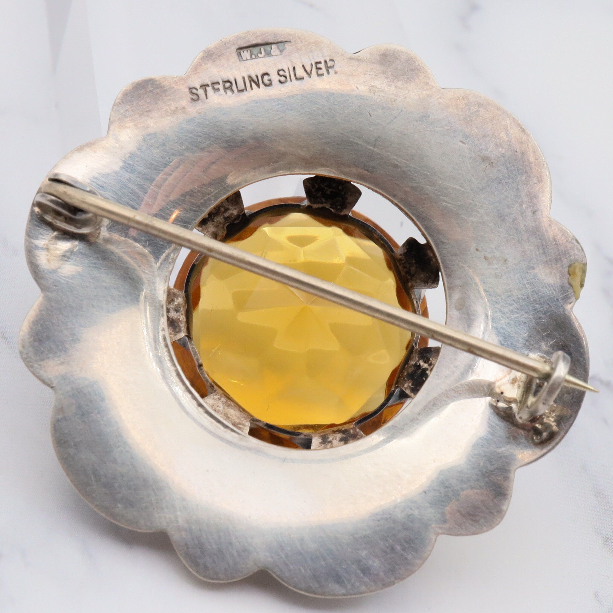 Antique victorian sterling silver Scottish provincial agate inlay and faux citrine brooch