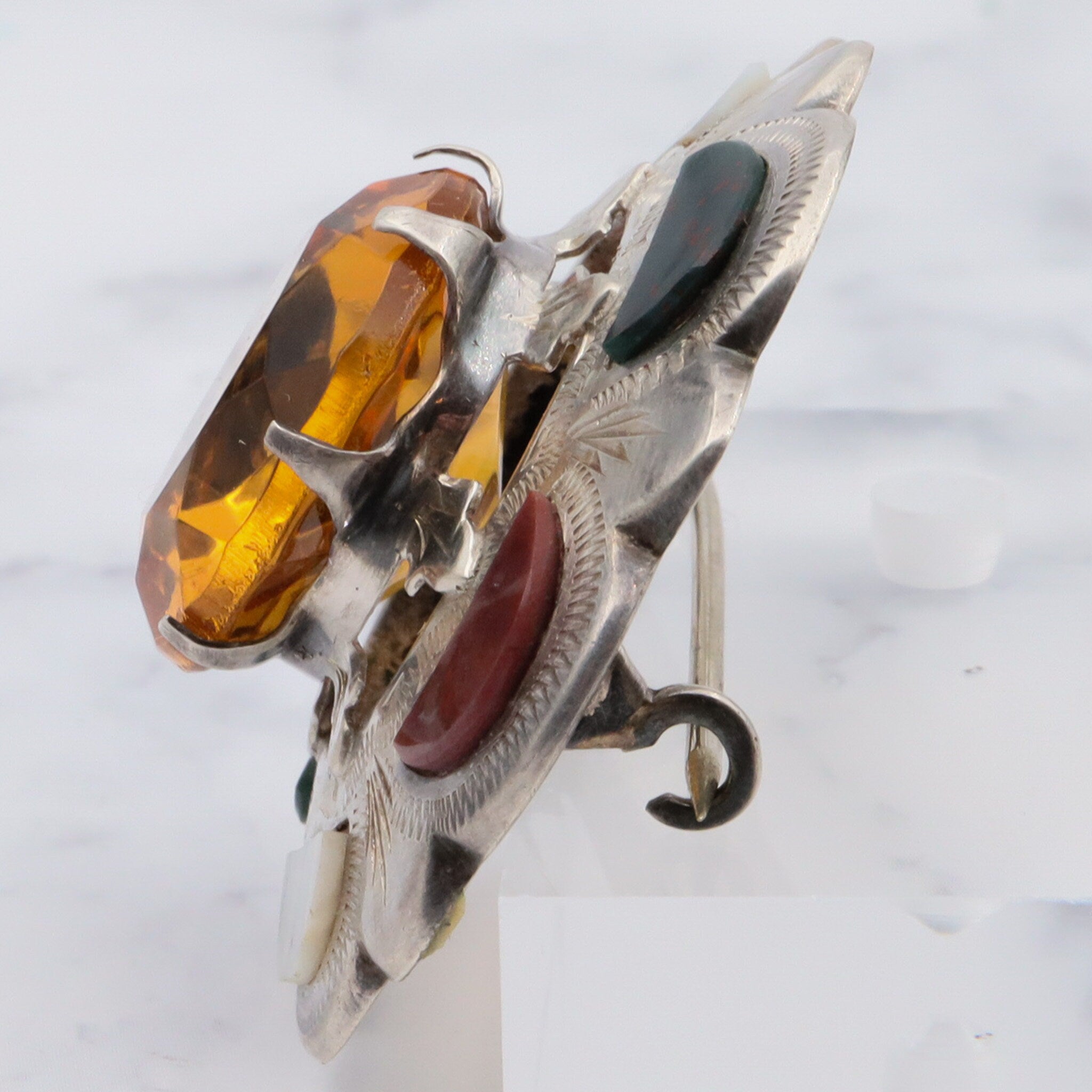 Antique victorian sterling silver Scottish provincial agate inlay and faux citrine brooch