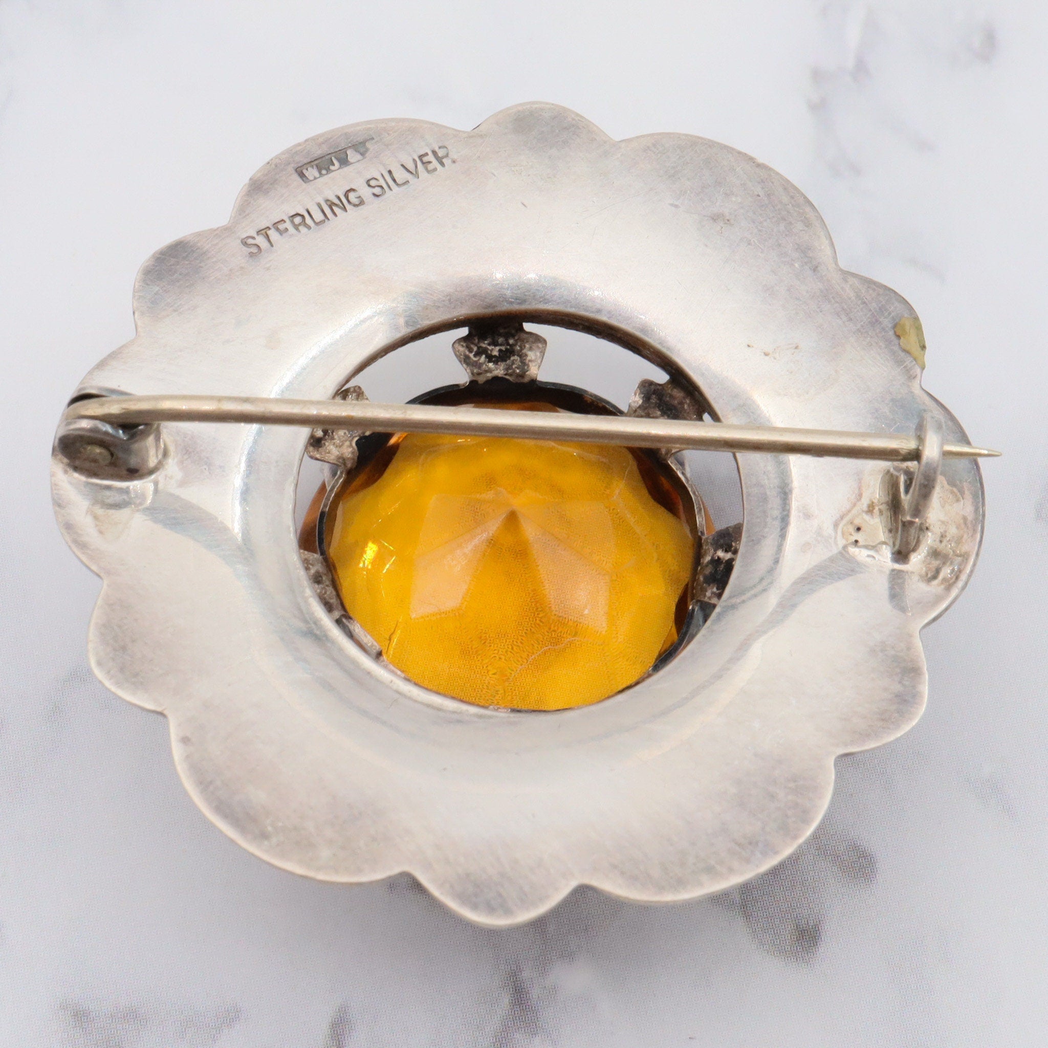 Antique victorian sterling silver Scottish provincial agate inlay and faux citrine brooch