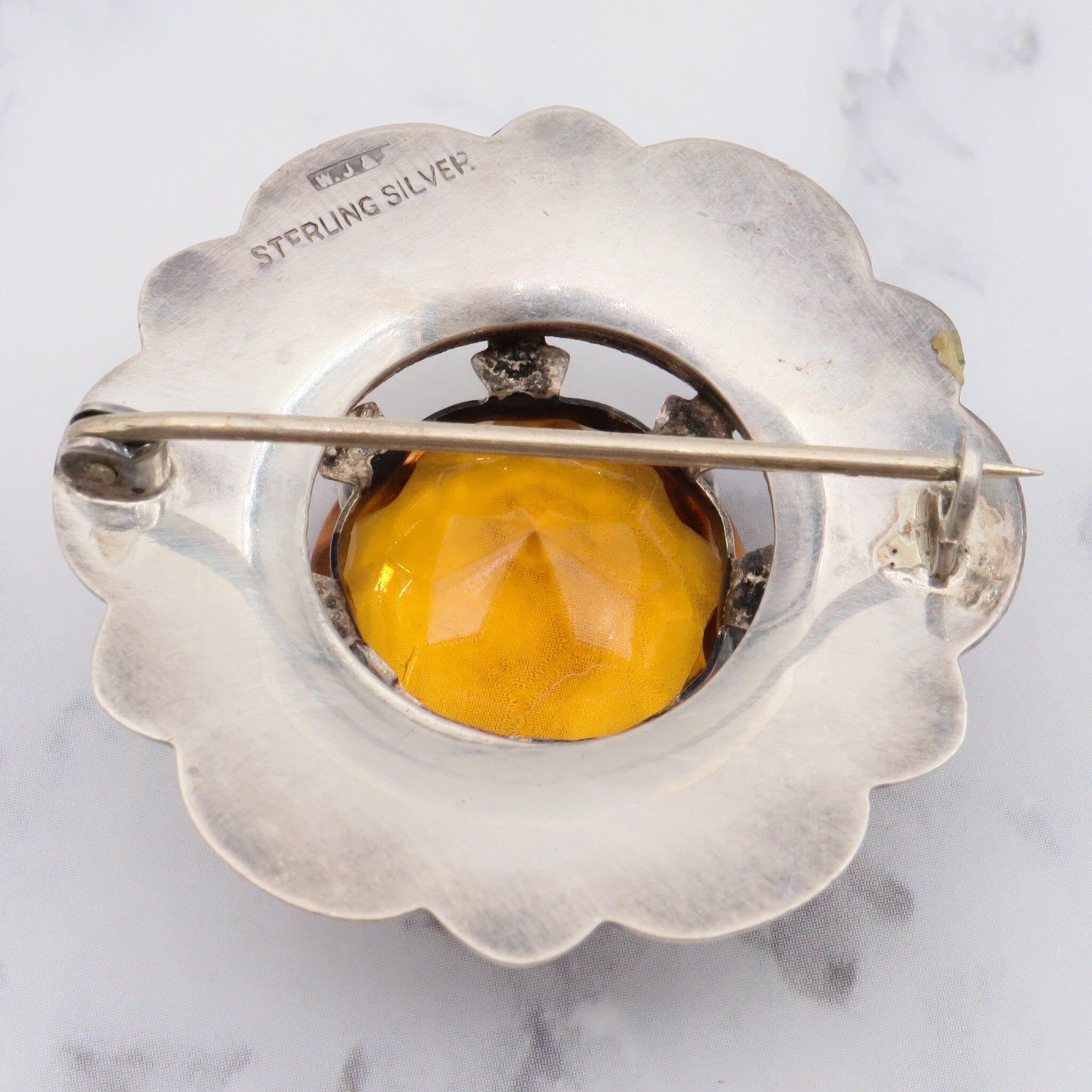 Antique victorian sterling silver Scottish provincial agate inlay and faux citrine brooch