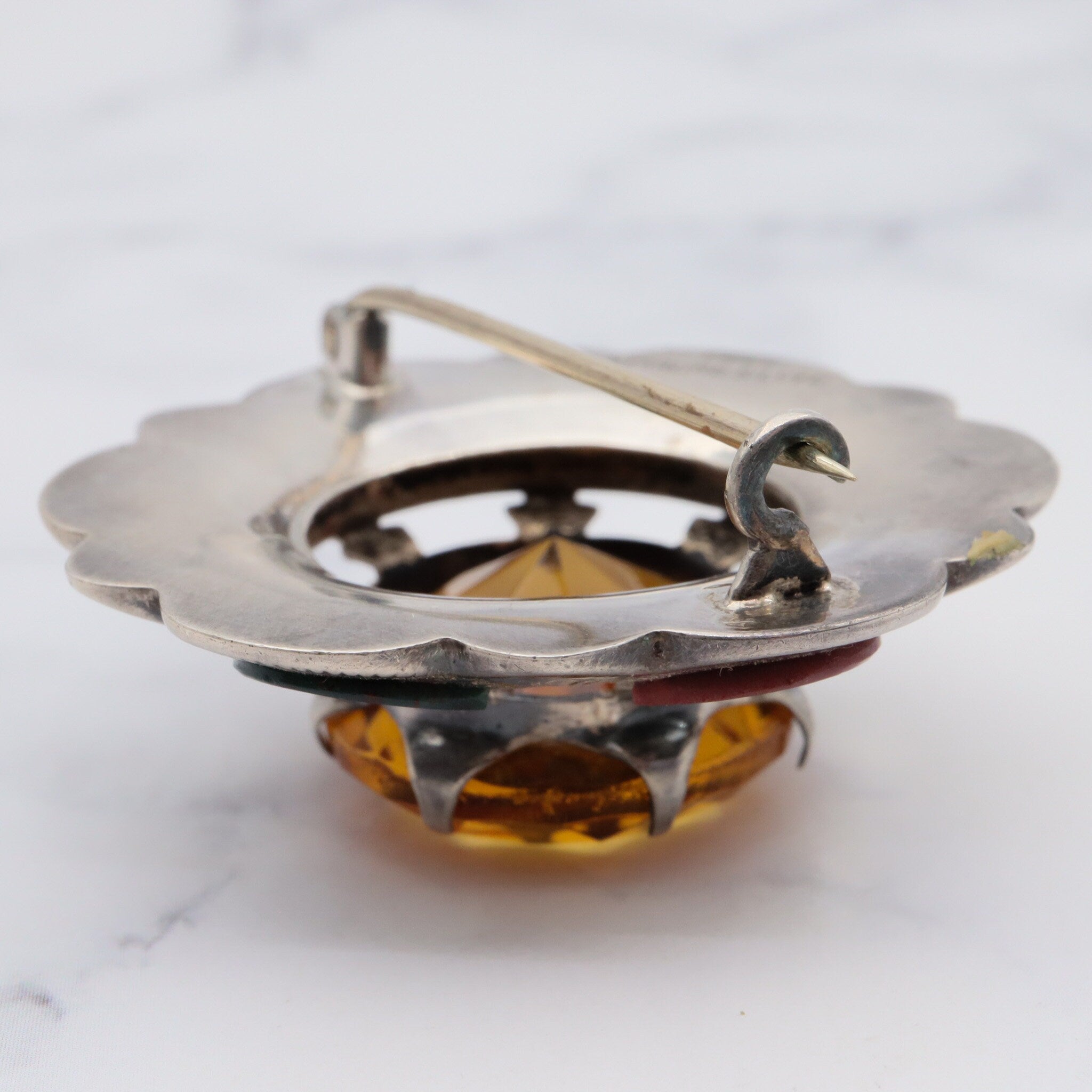 Antique victorian sterling silver Scottish provincial agate inlay and faux citrine brooch