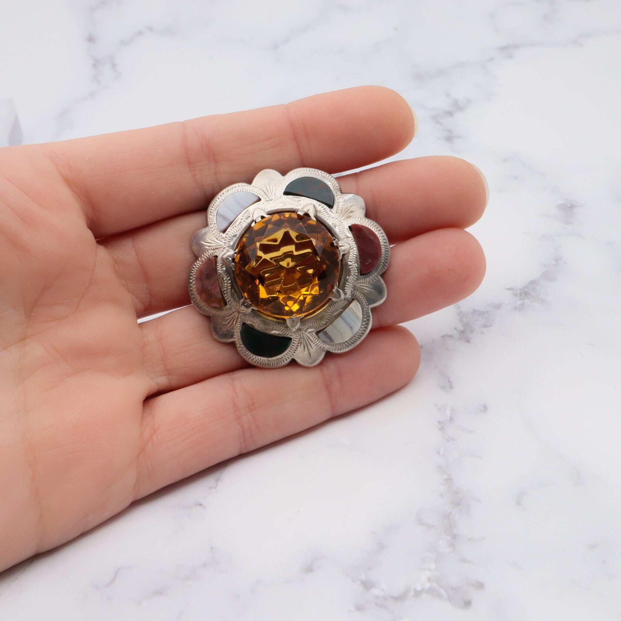 Antique victorian sterling silver Scottish provincial agate inlay and faux citrine brooch